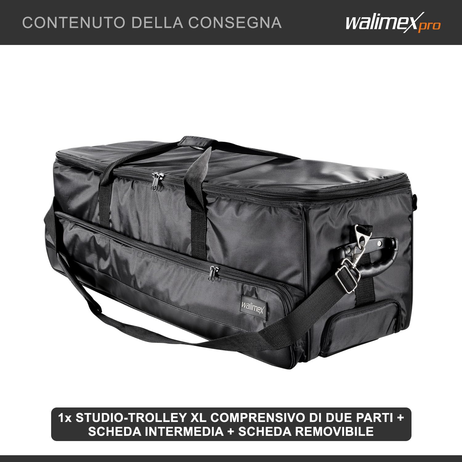 Walimex pro Studio Trolley XL (incl. maniglia trolley estensibile, tracolla imbottita, suddivisione interna variabile), nero