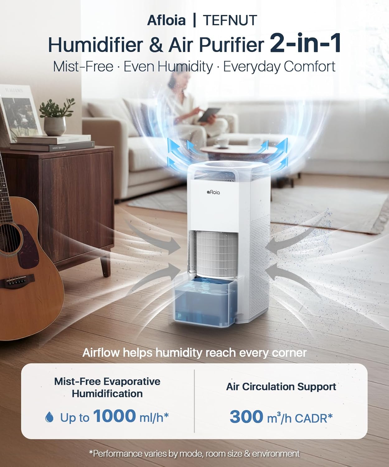 Afloia Humidifier for Bedroom Large Room - Mist Free Evaporative 2 in 1 Humidifier and Air Purifier in One Combo for Home with Top Fill 5L Tank/Humidity&Air Quality Sensor/2-24H Timer Grey