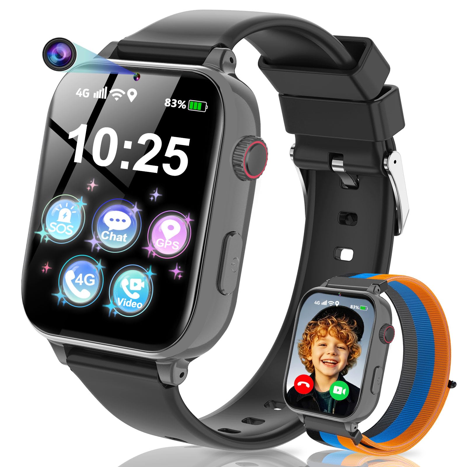 4G Reloj Inteligente Niño, Smartwatch Niños con GPS y Teléfono, Videollamadas, Chat de Voz, SOS, Modo Escuela, Despertador, Juegos, Podómetro, Reloj Inteligente Niños Niñas 5 a 16 años Regalo, Negro
