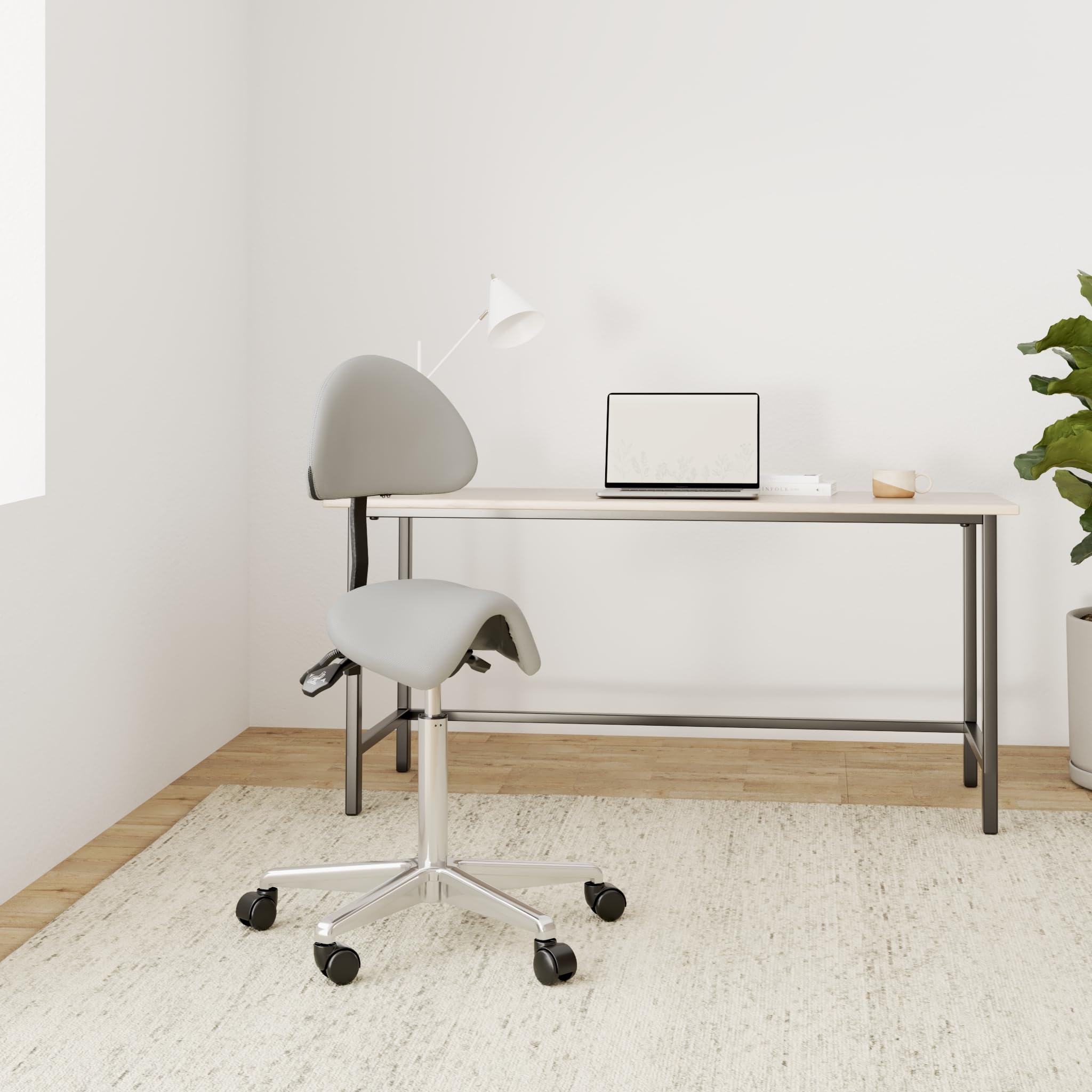 hjh OFFICE 608920 Taburete de Trabajo Top Work 20 Gris, Taburete de Silla de Montar, Respaldo con Ajuste de Altura