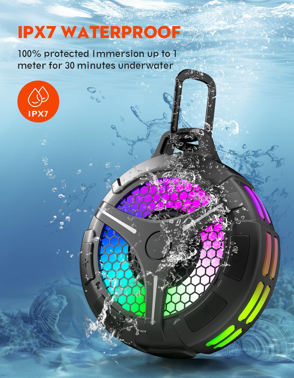 Bluetooth Shower Speaker, Portable Speaker Bluetooth 5.3 With Deep Bass Sound, Built-In Mic, Mini Wireless Speaker IP7 Waterproof With Suction Cup LED - View #5