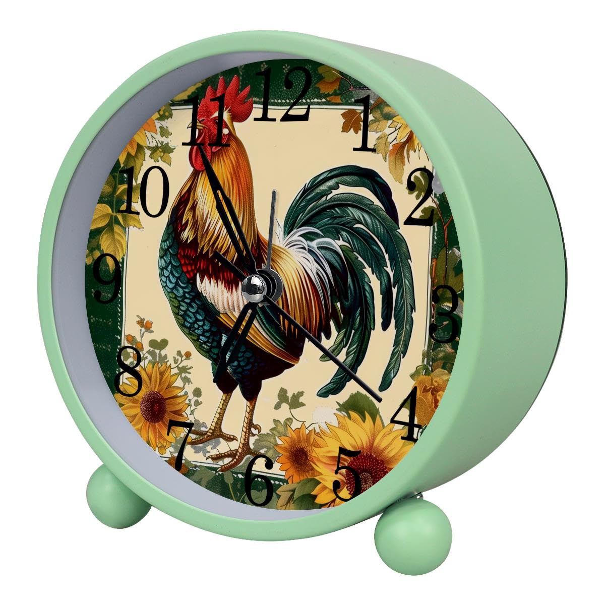 Alarm Clock Rooster Sunflowers, Silent Non-Ticking with Night Light