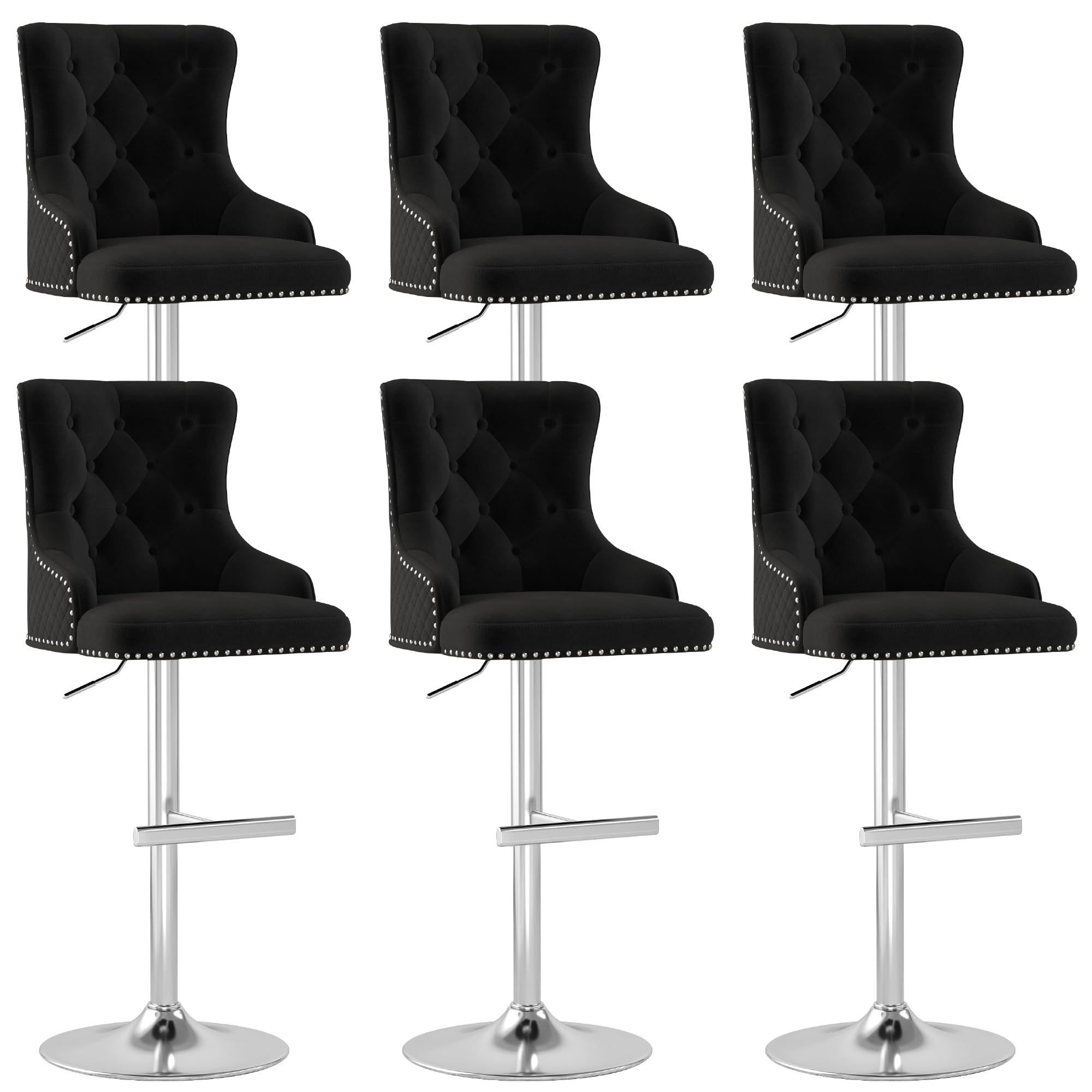 ABET Bar Stools Set of 6, Counter Height Stools with Footrest, Velvet Adjustable Swivel Kitchen Island Chair with Upholstered Tufted High-Back, Lion