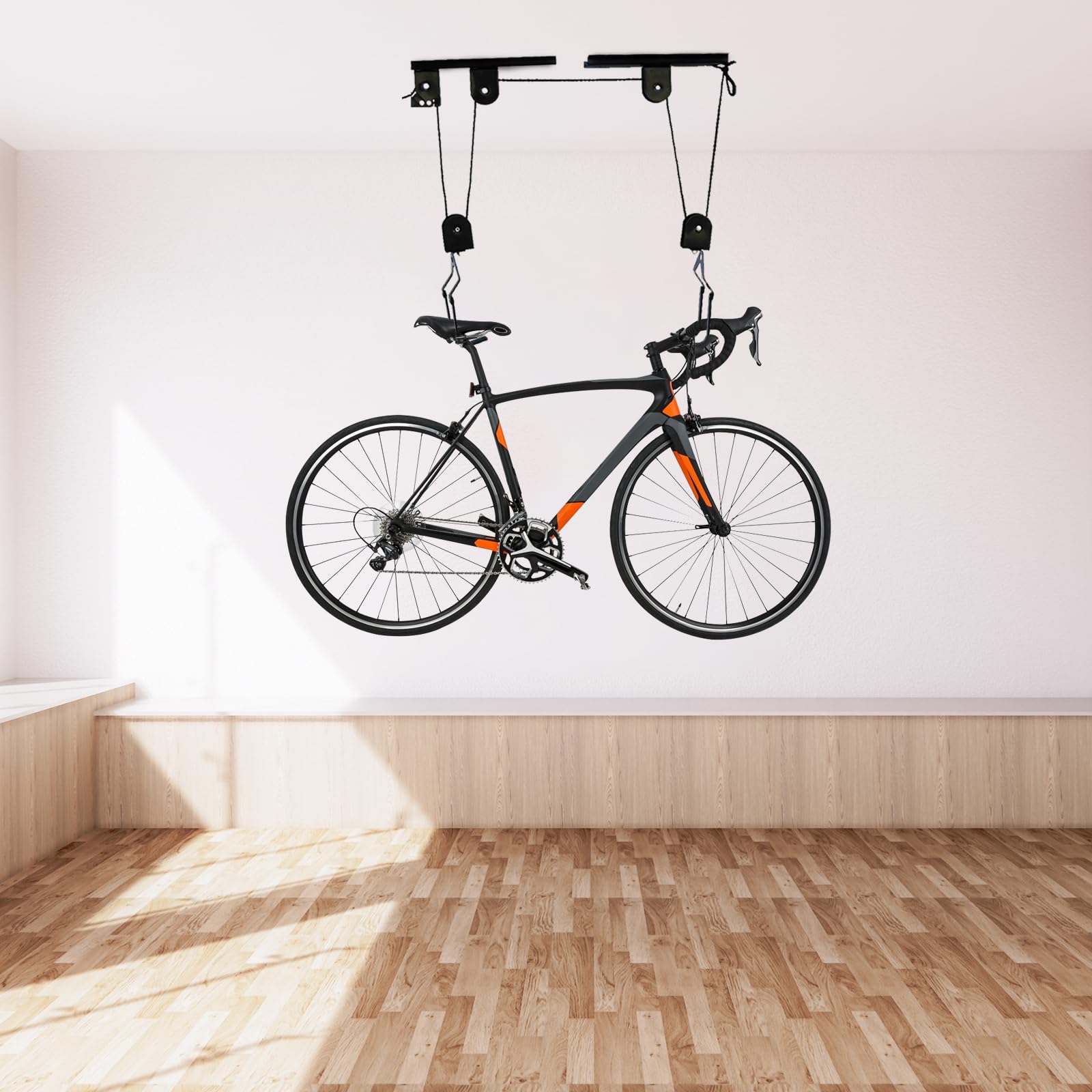 Elevador de bicicletas con polea para bicicleta,soporte de techo para bicicletas eléctricas de hasta 60 kg,juego de 2 unidades para colgar en el techo,montaje en techo,color negro