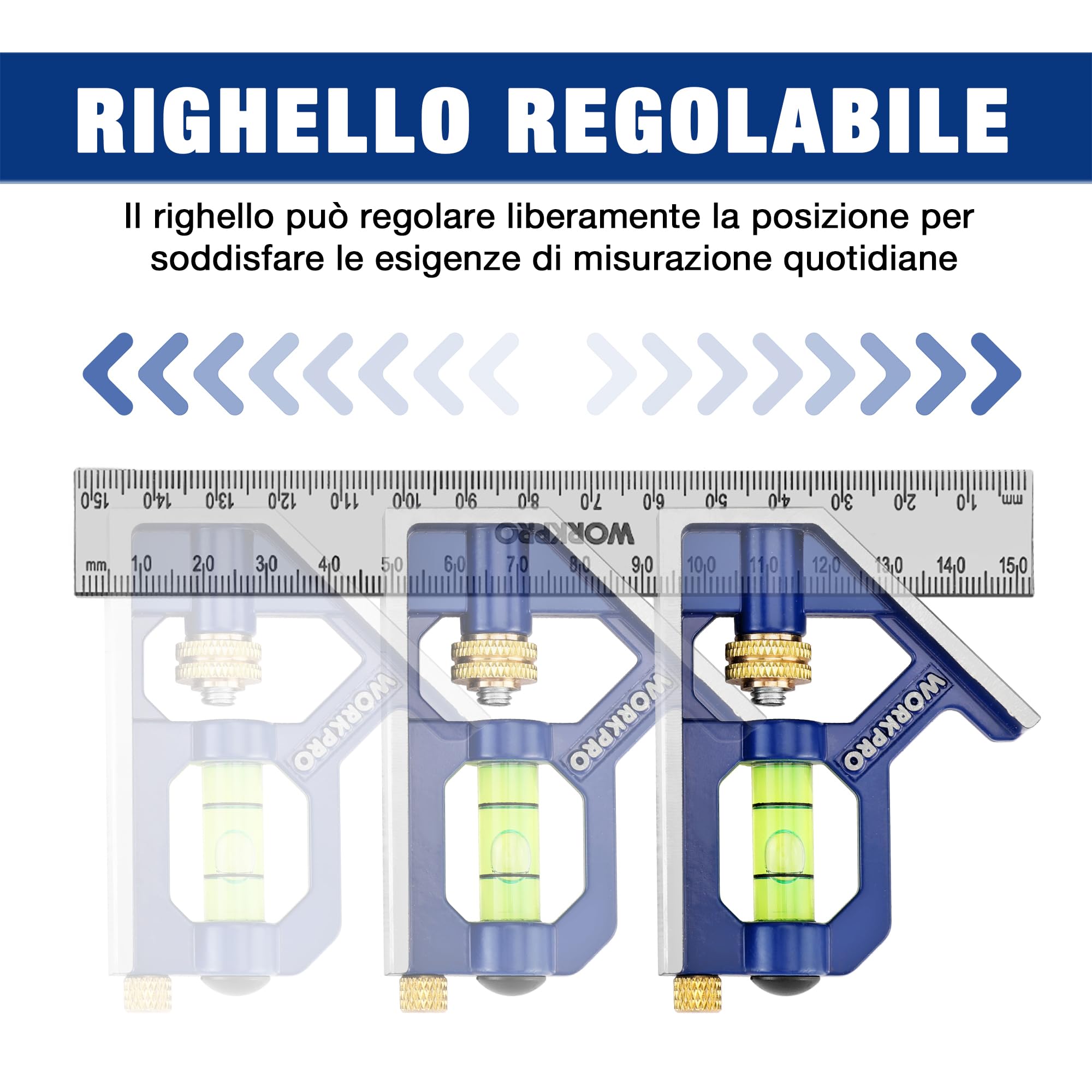 WORKPRO Set di Squadra Combinata Regolabile 150+300mm, Righello Angolo Acciaio Inossidabile con Bolla