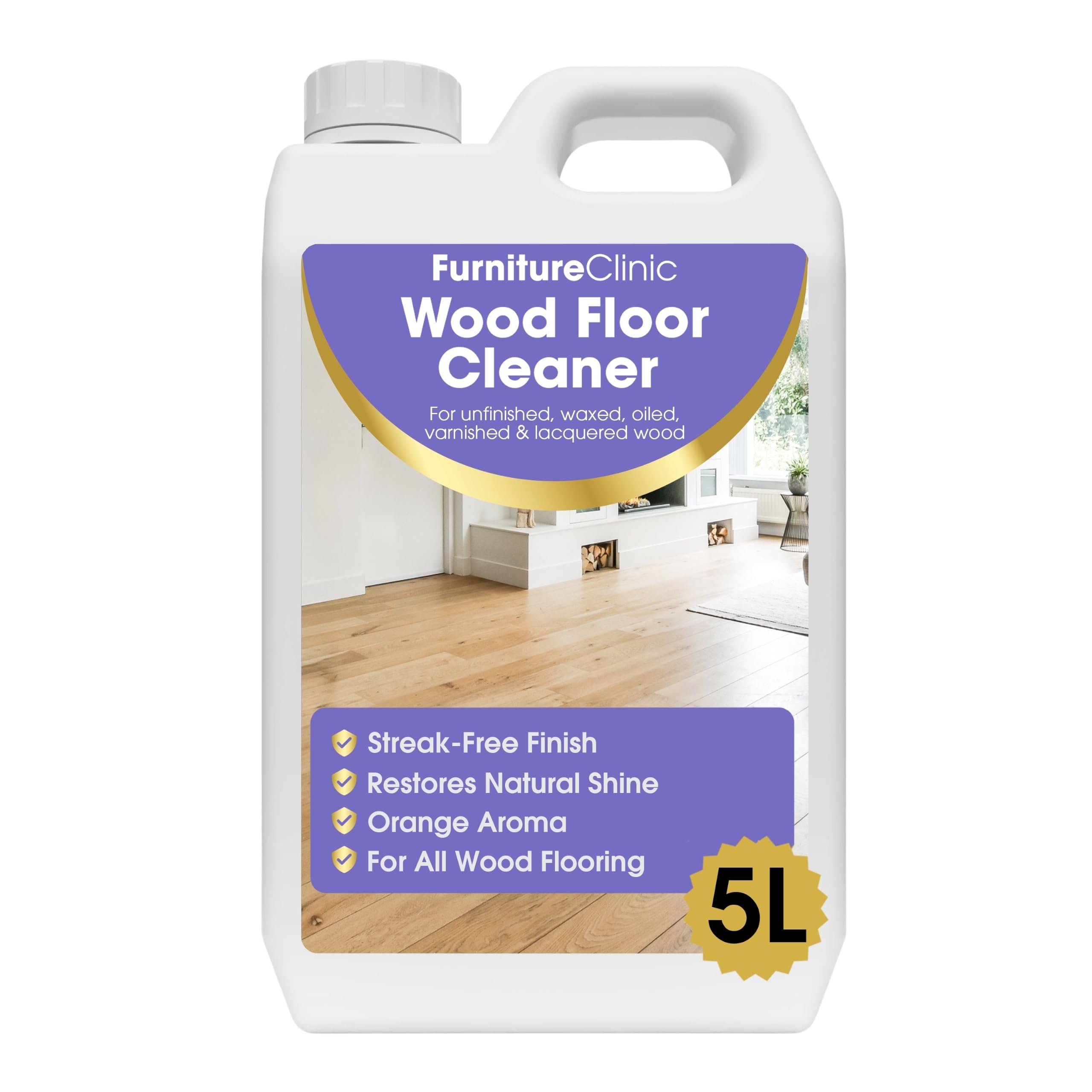 Wood Floor Cleaner Liquid 5L – Ready to Use Wooden Floor Cleaner - For All Wood Floors, Use on Engineered, Solid, Parquet & Oiled Wood Flooring – Quick Drying & Residue Free Finish - Orange Aroma