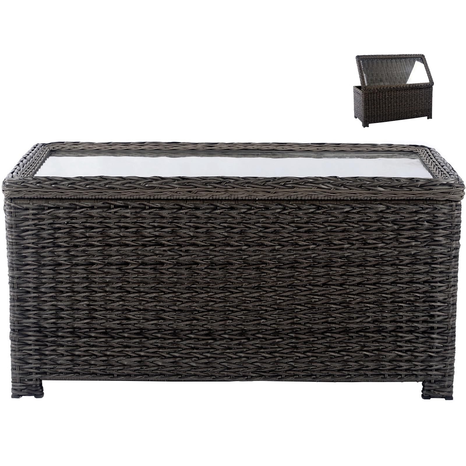 Krikacy Classic Wicker Patio Coffee Table with Storage, 40'' All-Weather Rattan Outdoor Coffee Tables, Tempered Glass Flip-Top, Waterproof for Porch