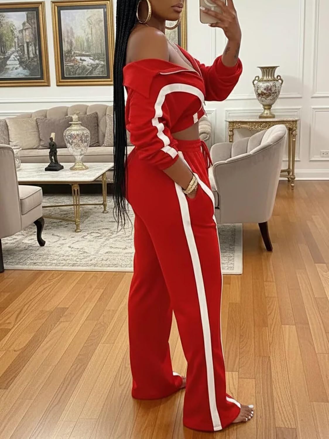 Women Striped 2 Piece Outfits Long Sleeve Zip Up Jacket Top and Wide Leg Pants Set Tracksuits with Pocket - Image 4