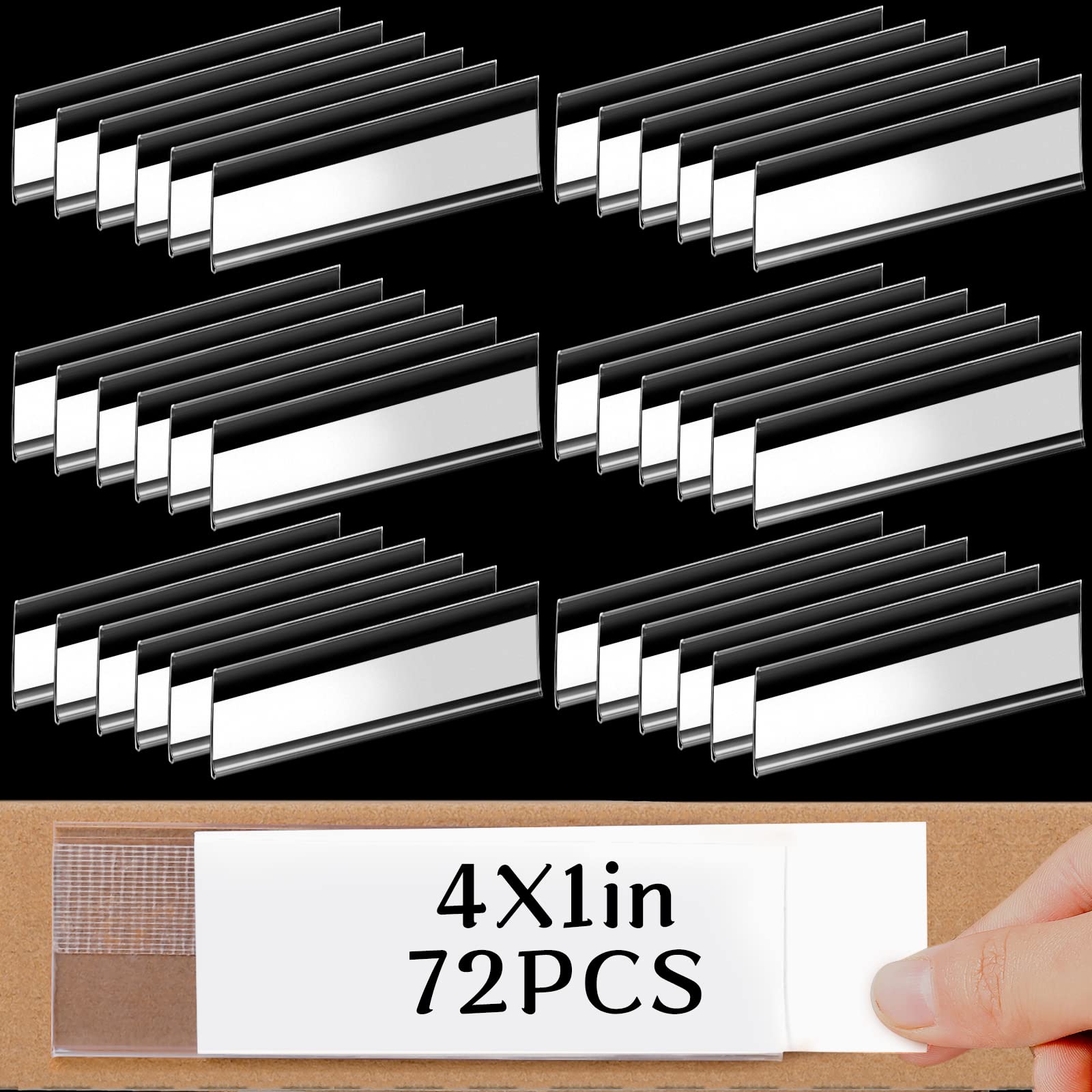 72 Pieces Clear Plastic Adhesive Shelf Tag & Price Label Holders for Supermarket, School, Library, Mailbox & Storage Bins(4 x 1 Inch)
