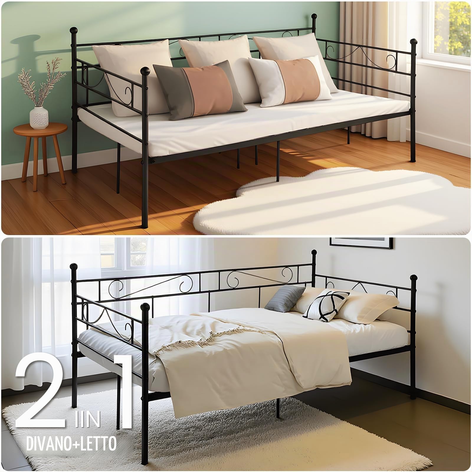 Struttura Divano Letto 90x200 cm, per Interno ed Esterno, Nero | Letto da giorno Singolo in metallo, ideale come divano o letto ospiti in soggiorno, camera, balcone e terrazza, Max 150kg