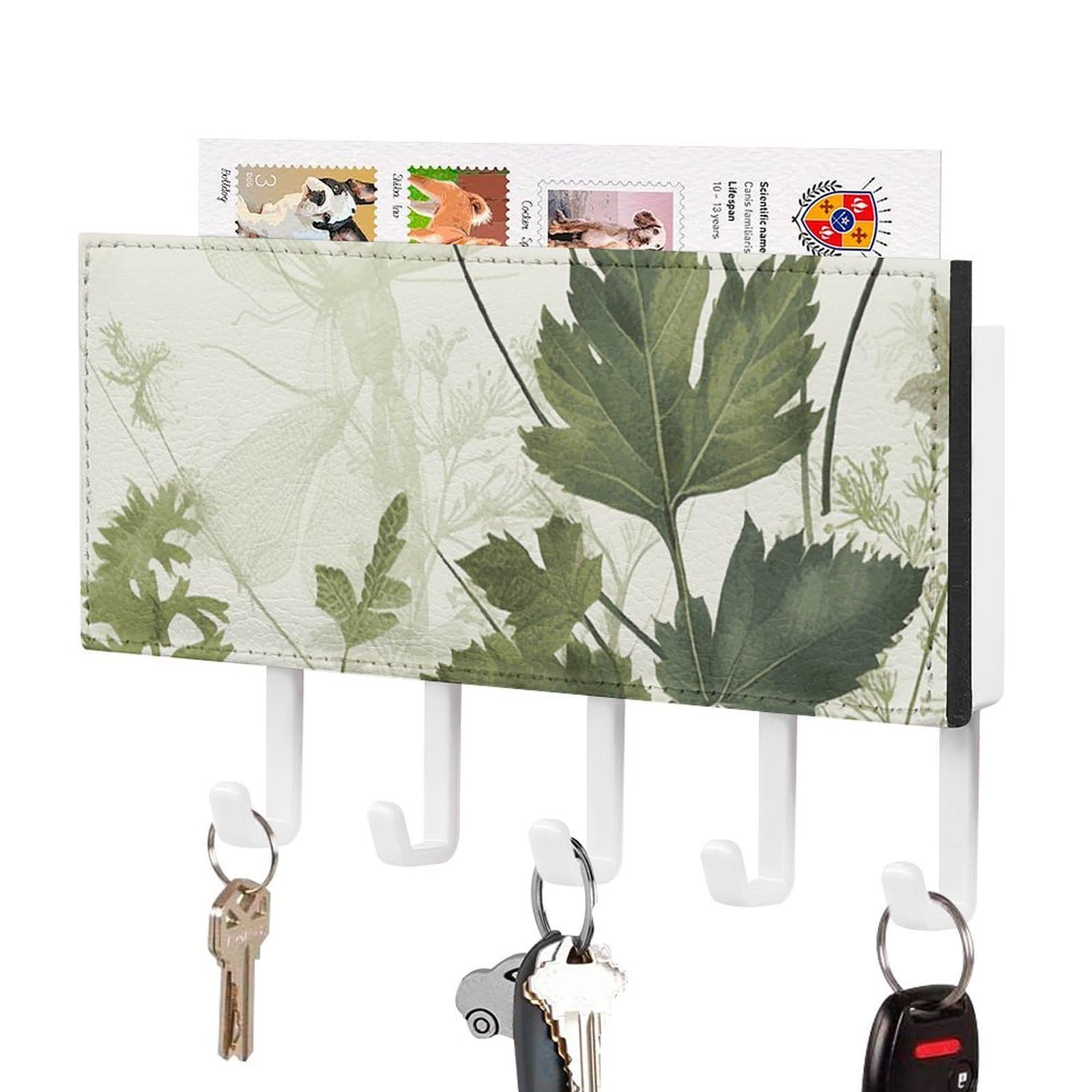 JTREHY Foliage and Herbs with Dragonflies Winged Holder Wall-Mounted Key and Mail Holder,Key Rack with 5Keys Hooks, Easy to Install Mail Organizer for Entryway, Front Door, Hallway, Office