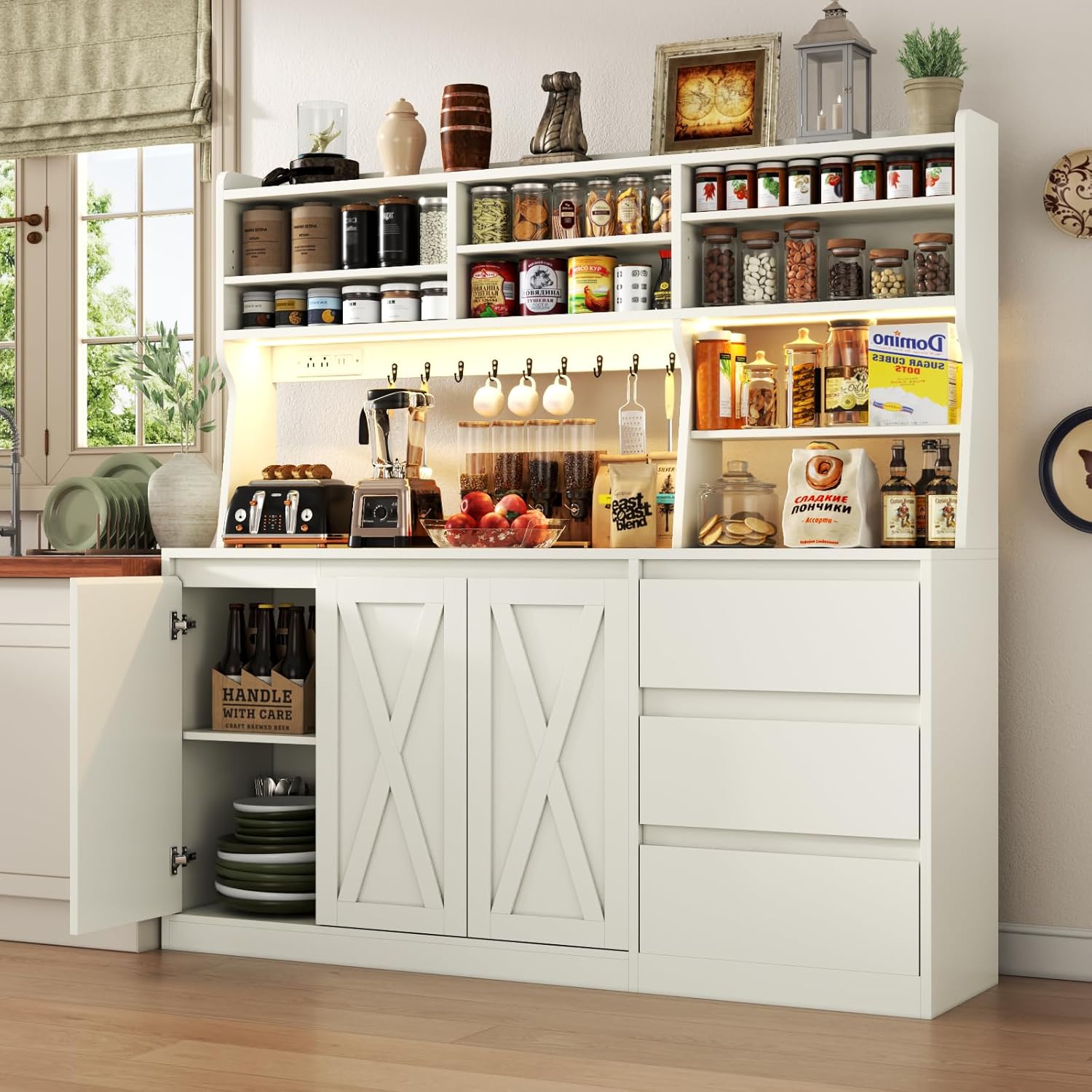 Farmhouse Kitchen Pantry Cabinet with Power Outlet & LED Light, Large Coffee Bar Cupboard with Microwave Stand, 3 Doors & 3 Drawers, 7 Cup Holders & 8 Open Cubbies, Adjusted Shelves (White)