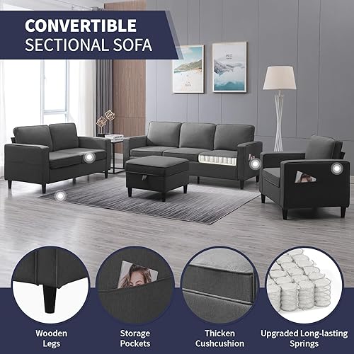 Miniatura 7 de ijuicy Moderno juego de sofá modular de 6 asientos con otomano/bolsillos laterales de almacenamiento móvil, juego de sofá de 3 piezas para muebles