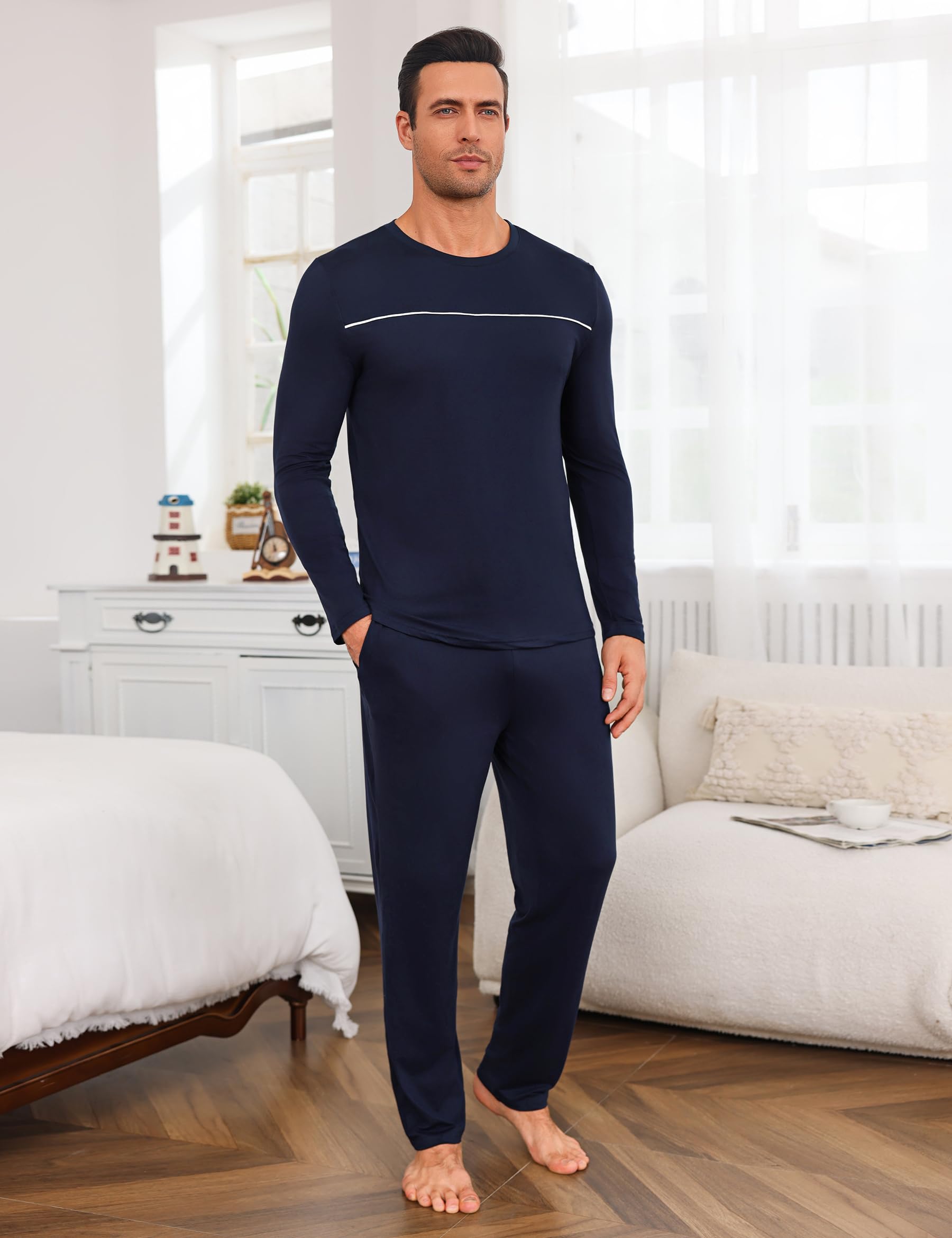 Marvmys Herren Schlafanzug Lang Winter Baumwolle Pyjama Set Rundhals Taschen Verstellbarer Bund Bequeme Nachtwäsche