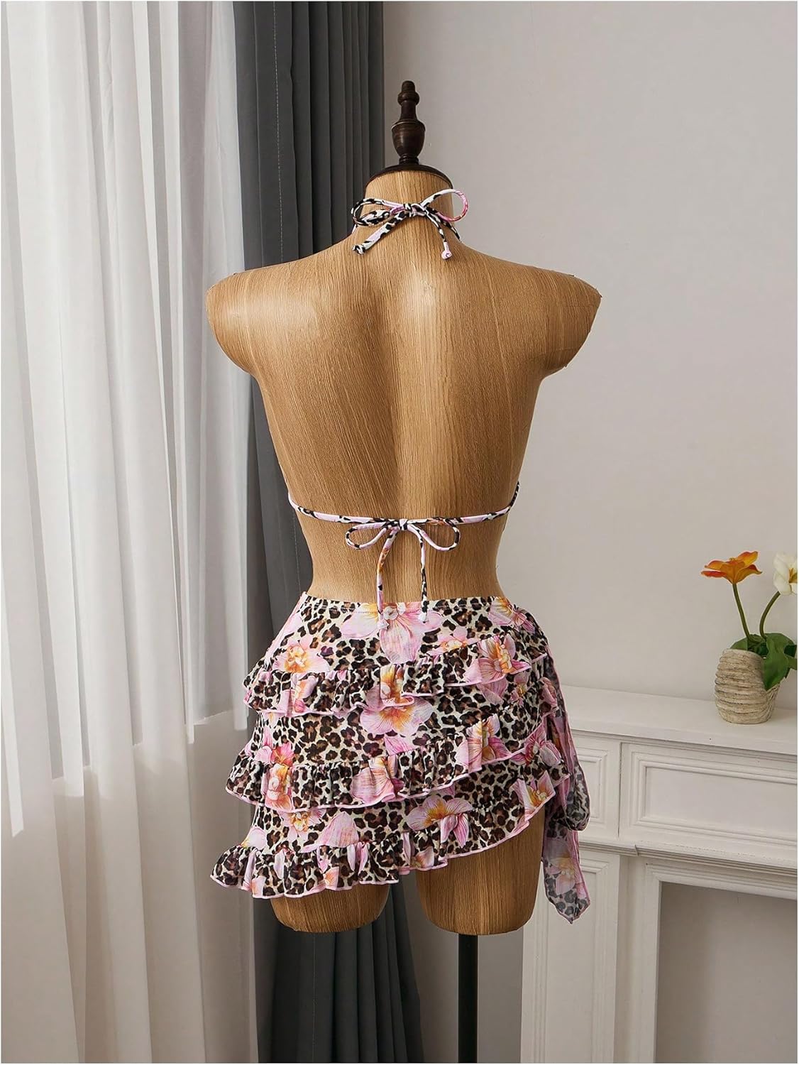 OYOANGLE Women's 3 Piece Swimsuit Floral Leopard Print Halter Triangle Bikini Set with Ruffle Cover Up Skirt - Image 3