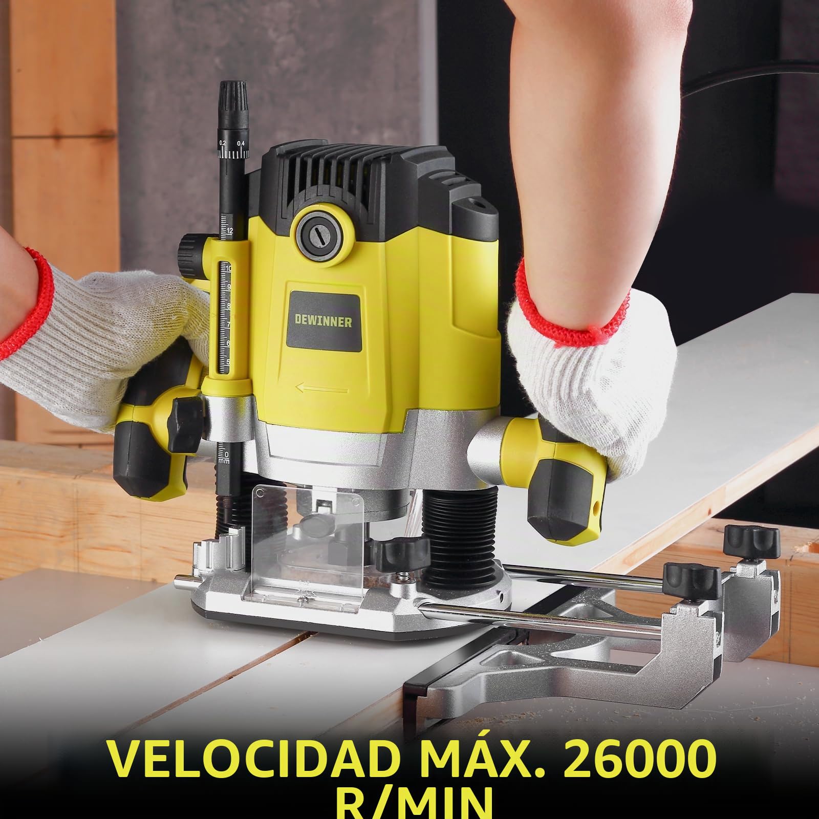 DEWINNER Fresadora Para Madera 1800 W 10000-26000 RPM, Rebajadora Eléctrica con Juego de 12 fresas,7 Velocidades,3 Alicates de 6,8,12 mm,Ajuste de la Profundidad de Fresado,Caja de Plástico