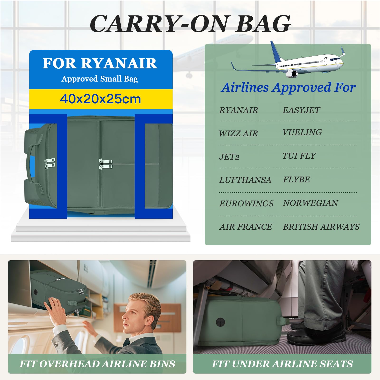 OTAHGK Borse da Cabina 40x20x25 per Ryanair Zaino da Viaggio Sotto il Sedile, Bagaglio a Mano Zaino da Cabina 20L, Zaino per Computer Portatile Piccola Borsa da Viaggio Zaino Travel Viaggio-Verde