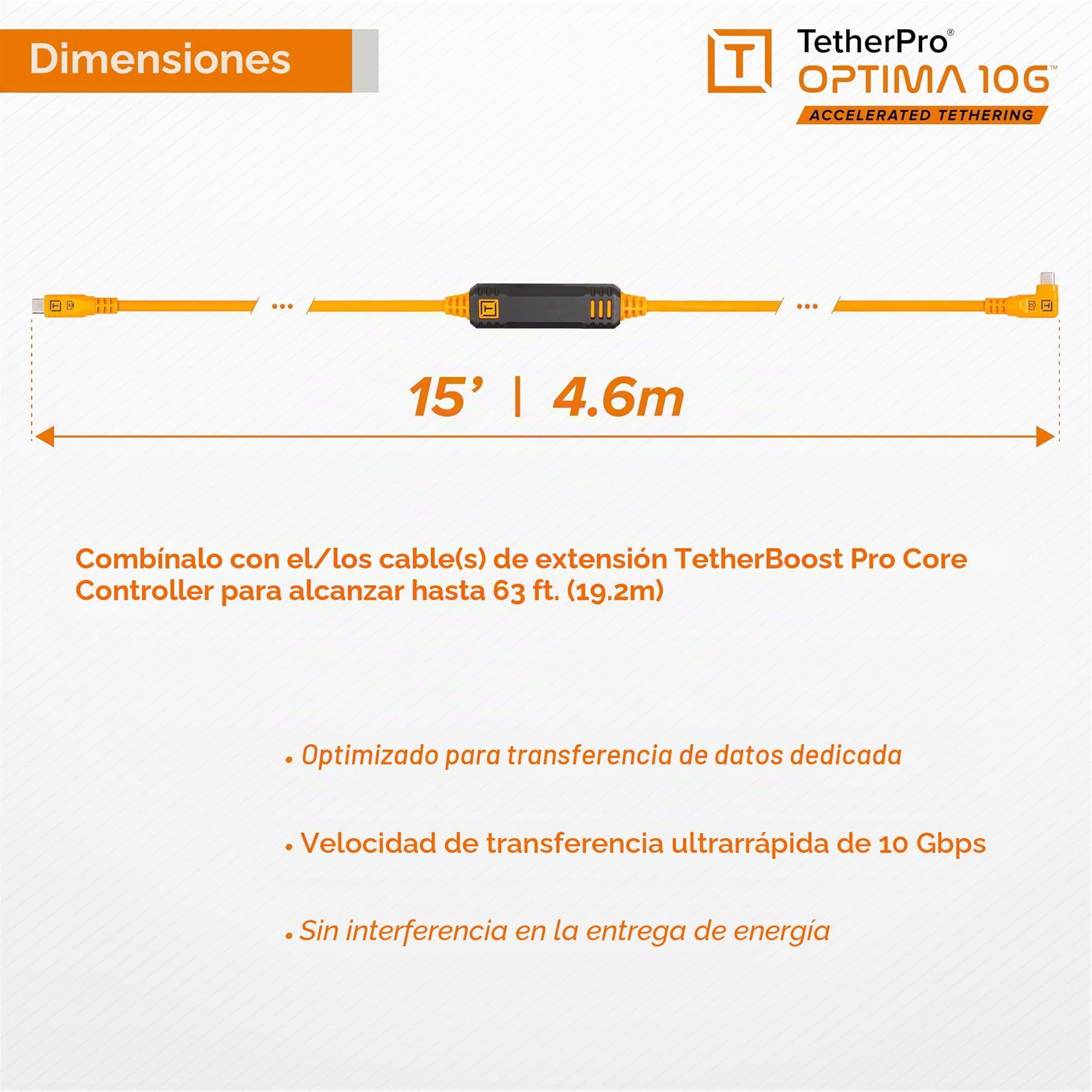 TetherPro Optima 10Gbps Gen 2 USB-C, 4,6 m, recto a derecho, naranja de alta visibilidad | Cable activo USB-C 3.2 Gen 2 solo de datos, naranja, sin Pd, 1 año de garantía