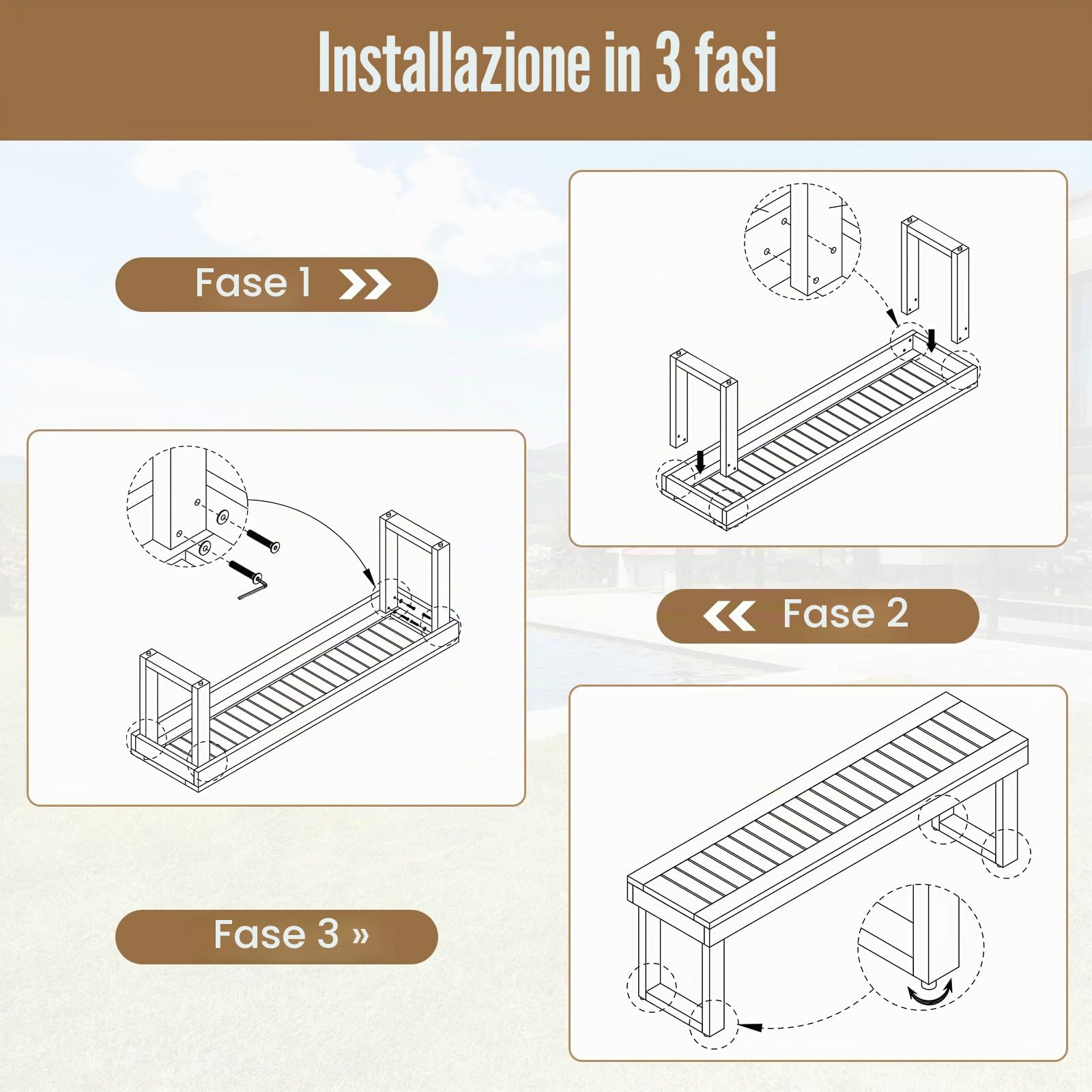 GIANTEX Panchina da Giardino a 3 Posti in Legno Massiccio | Panca Panchetta per Esterno e Interno, Portata Fino a 360 kg, per Giardino, Balcone e Sala da Pranzo