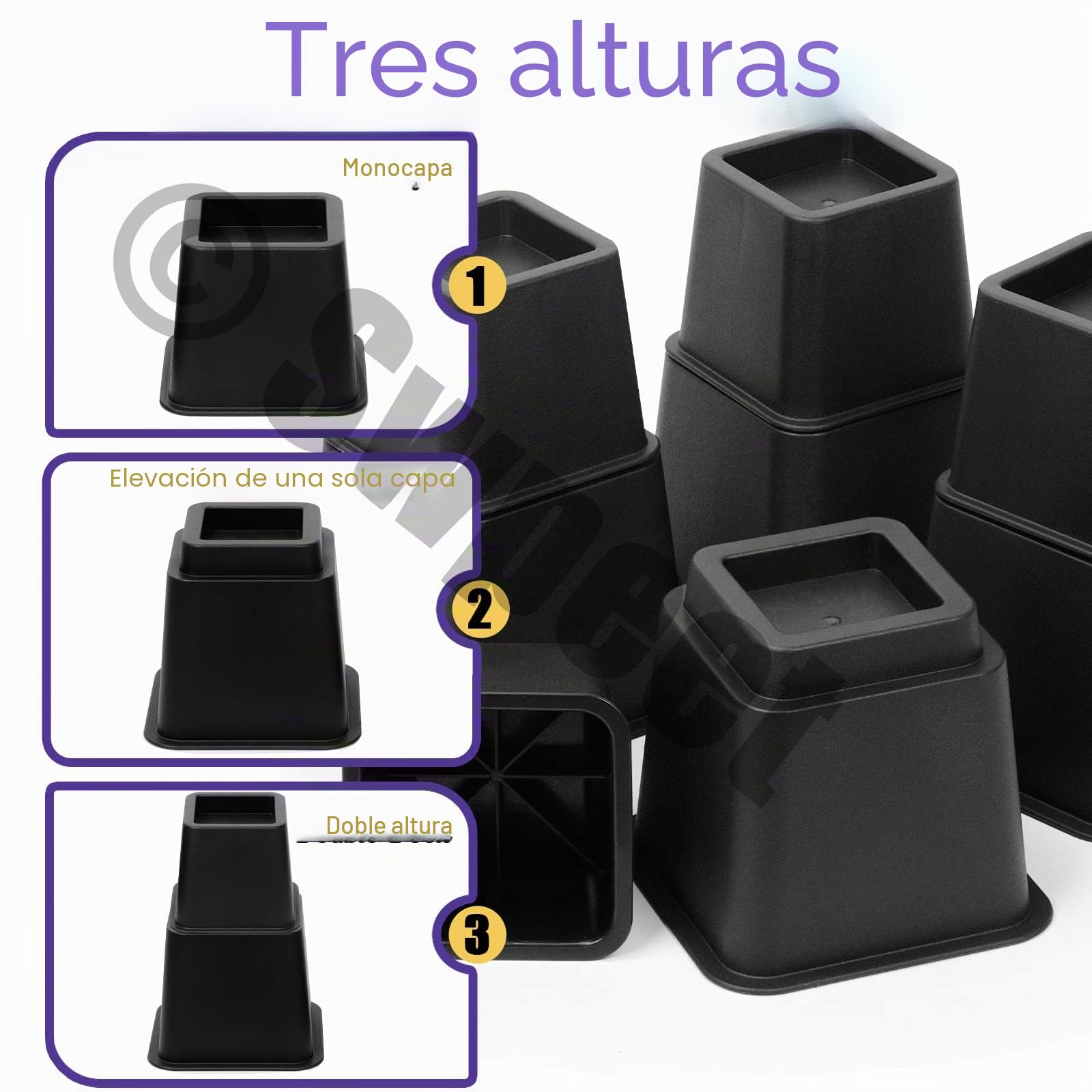 Swpeet 8 elevadores de cama ajustables, elevadores de marco de cama apilables negros, 4 elevadores de altura de cama grandes y 4 pequeños, elevación en alturas de 3, 5 u 8 pulgadas, elevador de