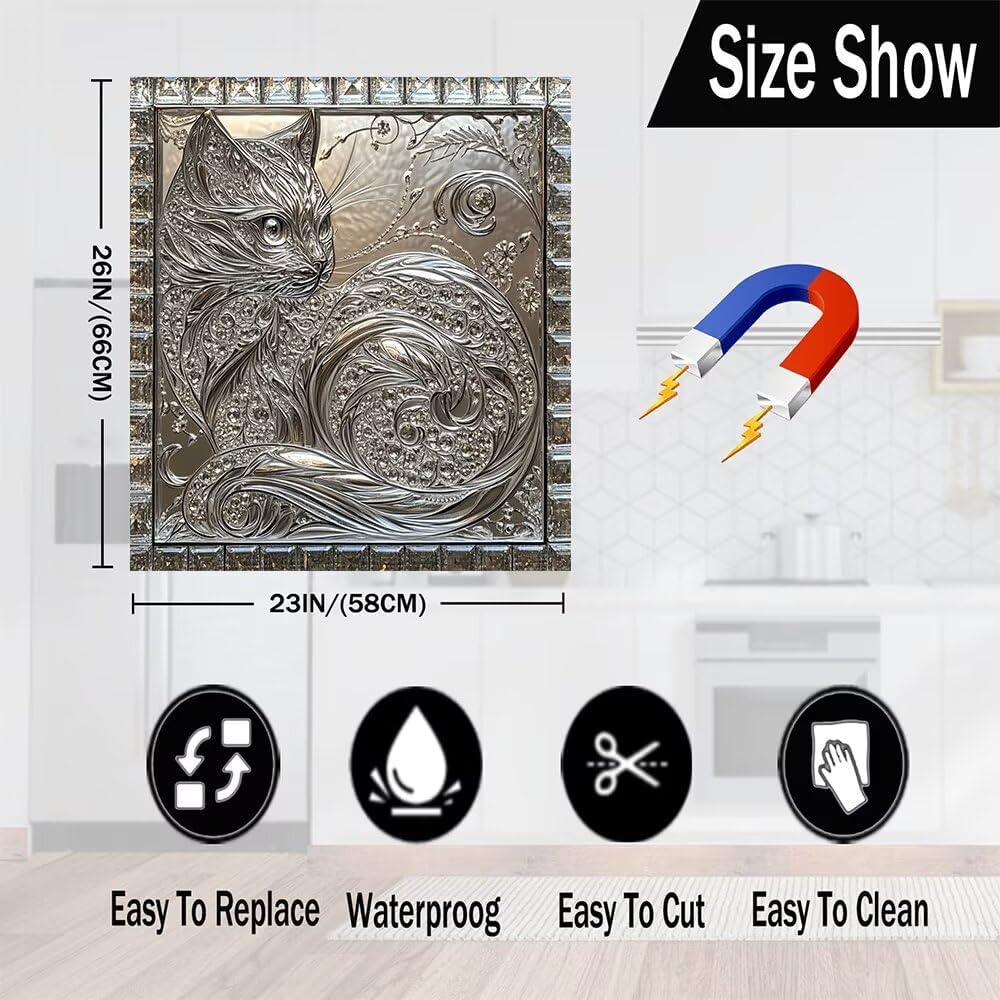 Silver Metal Cat Magnetic Dishwasher Door Cover for Kitchen, Glass Diamond Art Magnet Refrigerator Cover Panel Decal, Animal Cat Vinyl Decal for Dishwasher - Reusable, 23 x 26 inches (Magnetic)