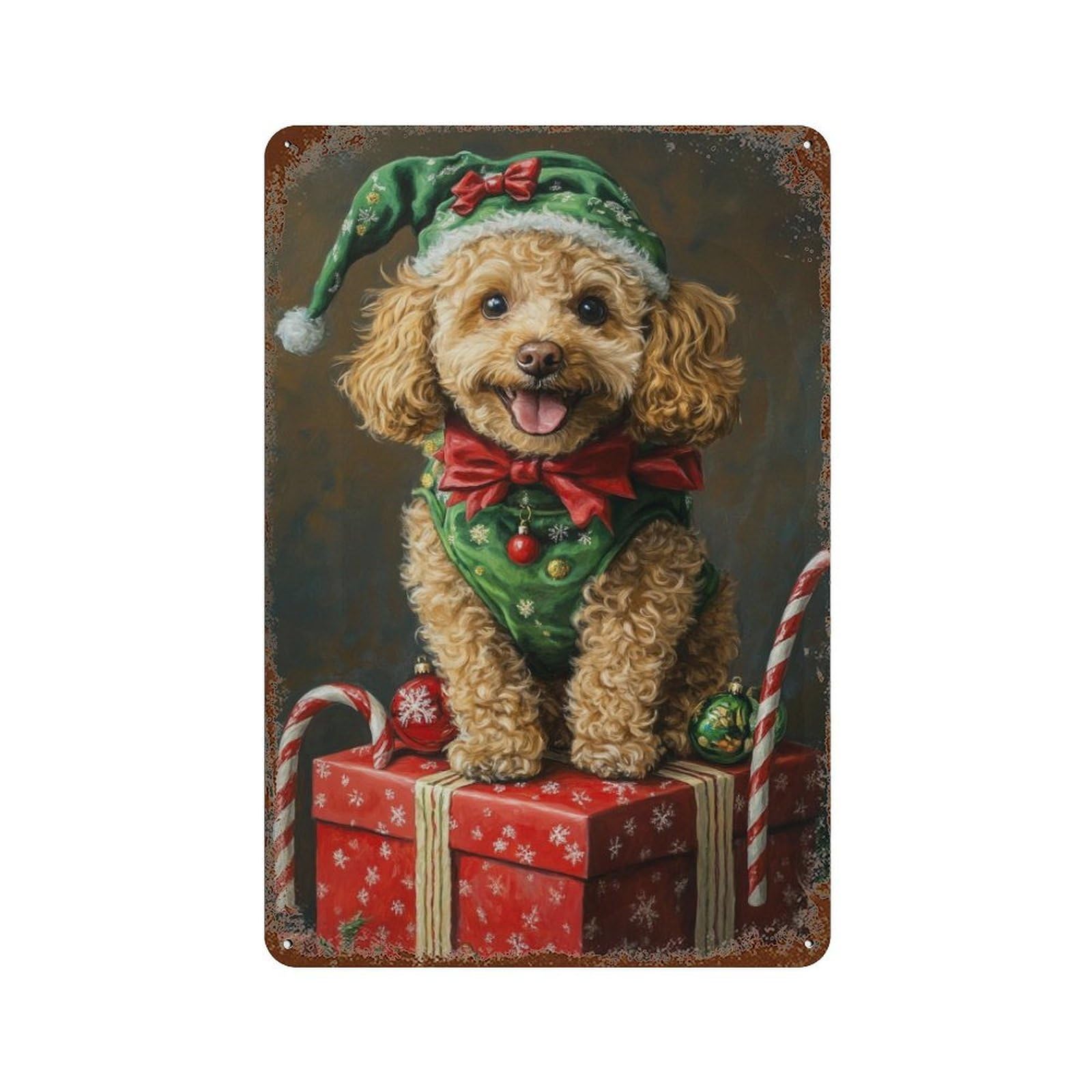 Rusty Metal Tin Sign Christmas Poodle with Presents 11.8"x7.9", Vintage Wall Decor for Shed, Workshop And Garage Wall Decor