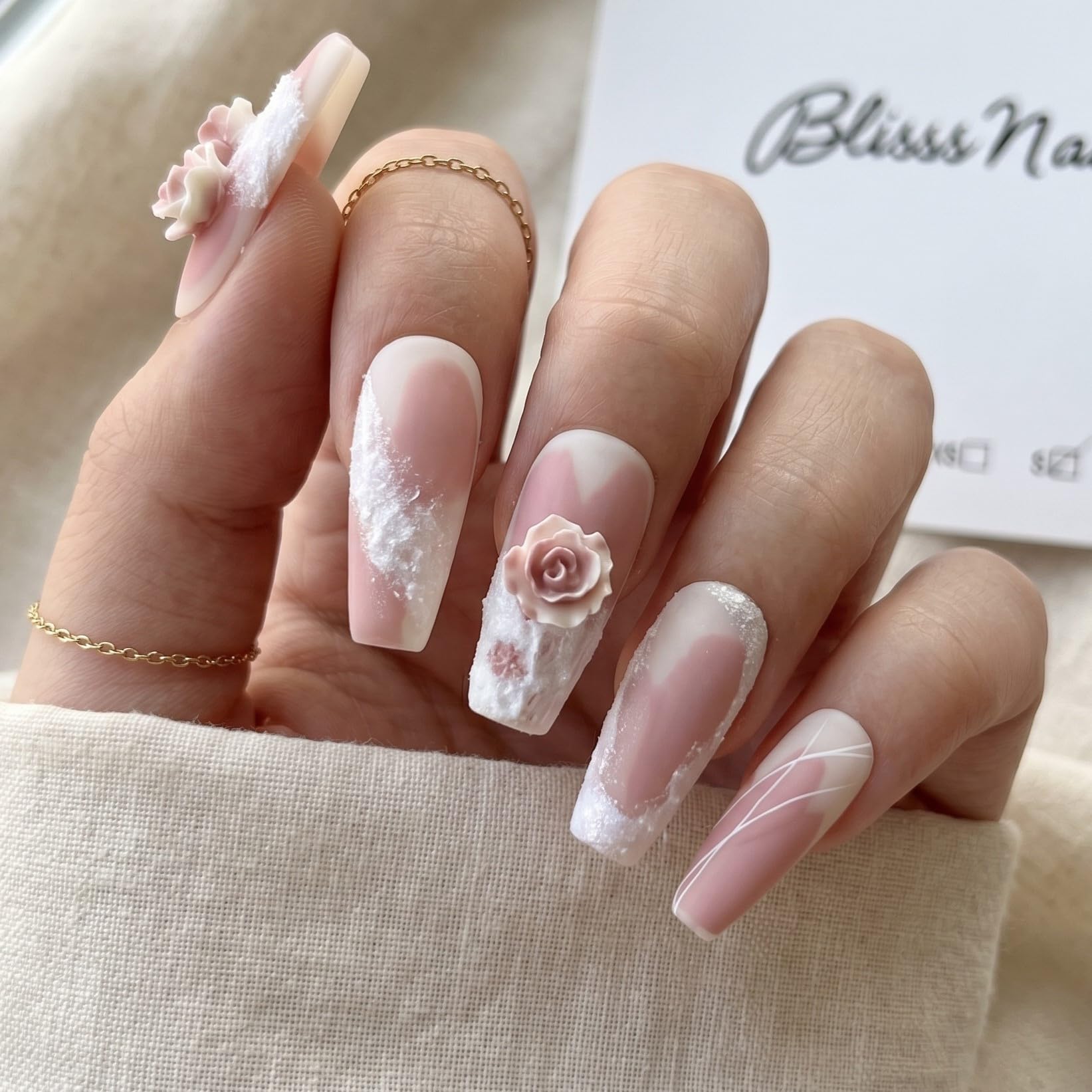 Handmade Fake Nails – 3D Floral Pink & White Matte Artificial Nails Coffin Reusable Press On Nails for Women Salon Finish 10 Pcs Nail Set Short-image-29