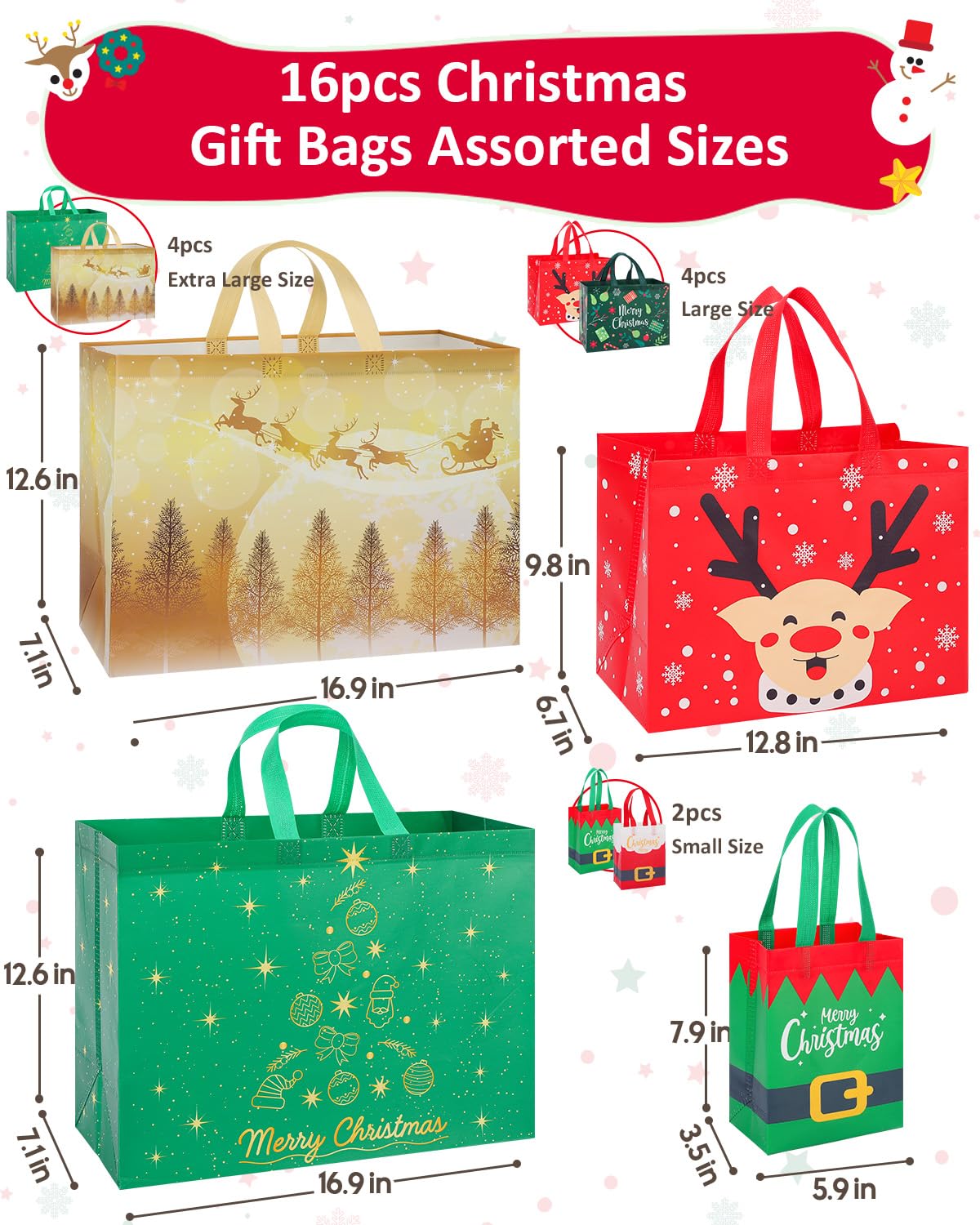 Confezione da 16 sacchetti regalo natalizi di dimensioni assortite, riutilizzabili, resistenti, con manici, 4 extra large, 8 grandi, 4 piccoli, sacchetti natalizi in tessuto non tessuto per regali