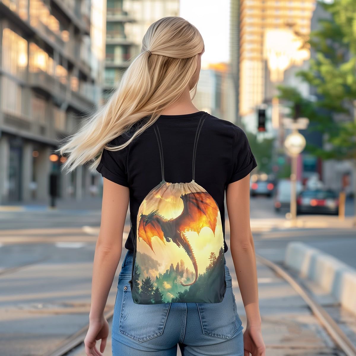 Castle Fairy Dragon Drawstring Backpack Jungle Animals Sackpack for Beach Swimming Pool Mysterious Wildlife Draw String Bags Waterproof Sports Gym
