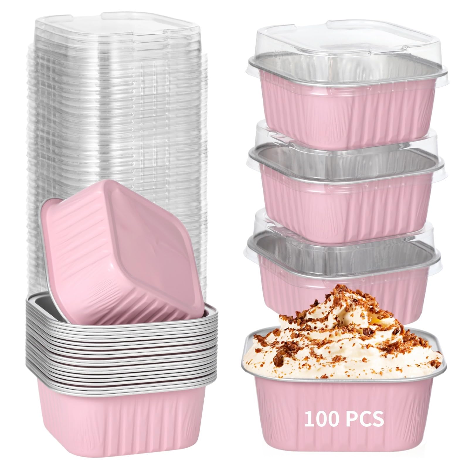 Moules à muffins jetables carrés et gobelets à dessert alu avec couvercle 100pcs