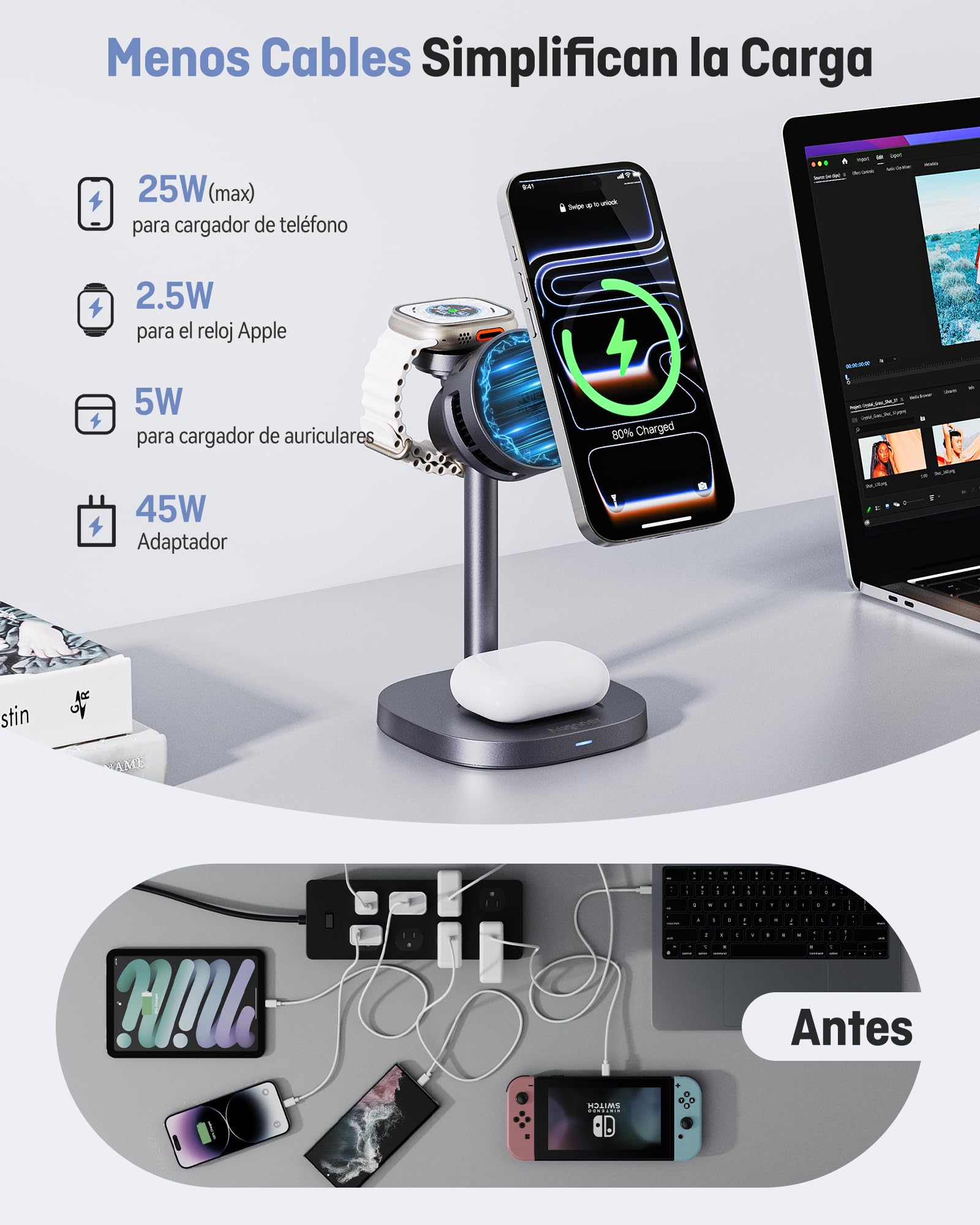 Cargador Inalámbrica magnético Qi2.2 25W, Estación de Carga Plegable 3 en 1 para iPhone 17/16/15/14/13/12, Wireless Charger Rápido Soporte para Apple Watch Ultra 3/11/10/9/8/7/6, para AirPods