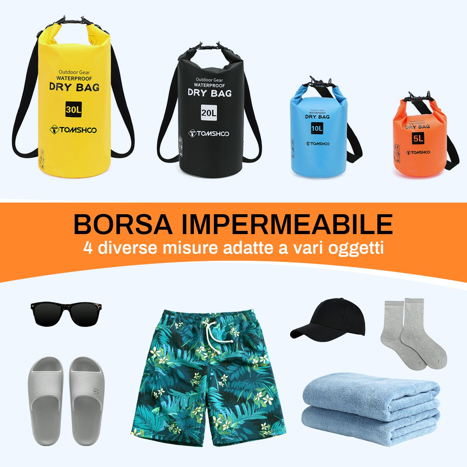 TOMSHOO Set di borse impermeabili galleggianti da 5 l/10 l/20 l/30 l | PVC 500D, impermeabile e antistrappo, borsa impermeabile con tracolla regolabile, per kayak, pesca, nuoto e campeggio