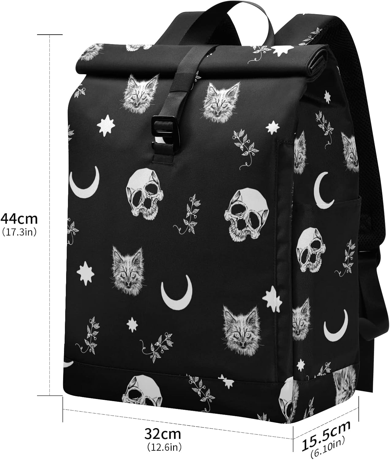CBBYY Travel Roll Top Skull Cat Moon Backpack for Men, Expandable Waterproof Trendy Laptop Backpack
