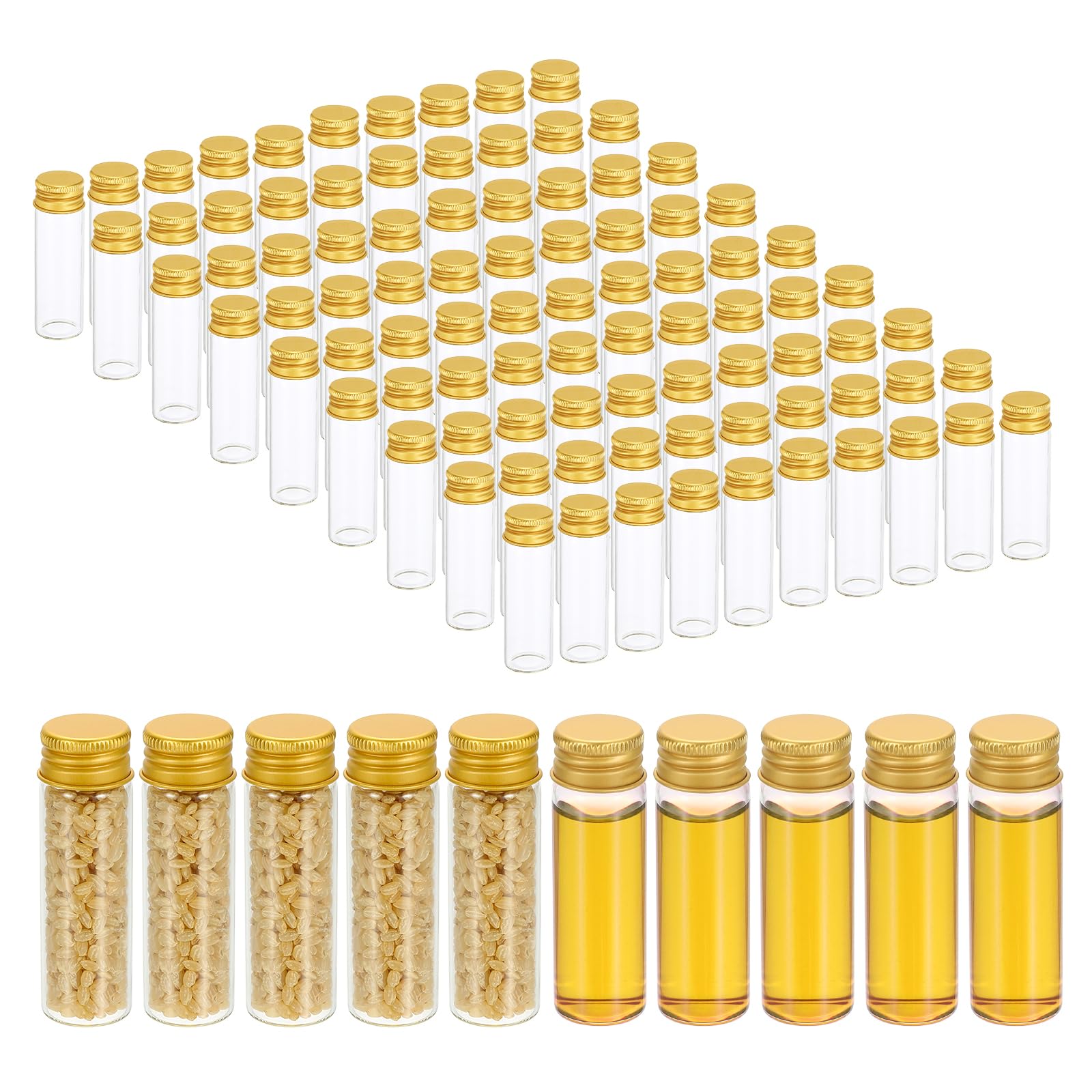 PATIKIL 100 Stück Kleine Gläser mit Deckel, 15ml Winzige Glasflaschen Probenfläschchen mit Aluminium Schraubverschluss22*70 mm Mini Glasgefäße Reagenzgläser Aus Glas Für Flüss, Gold