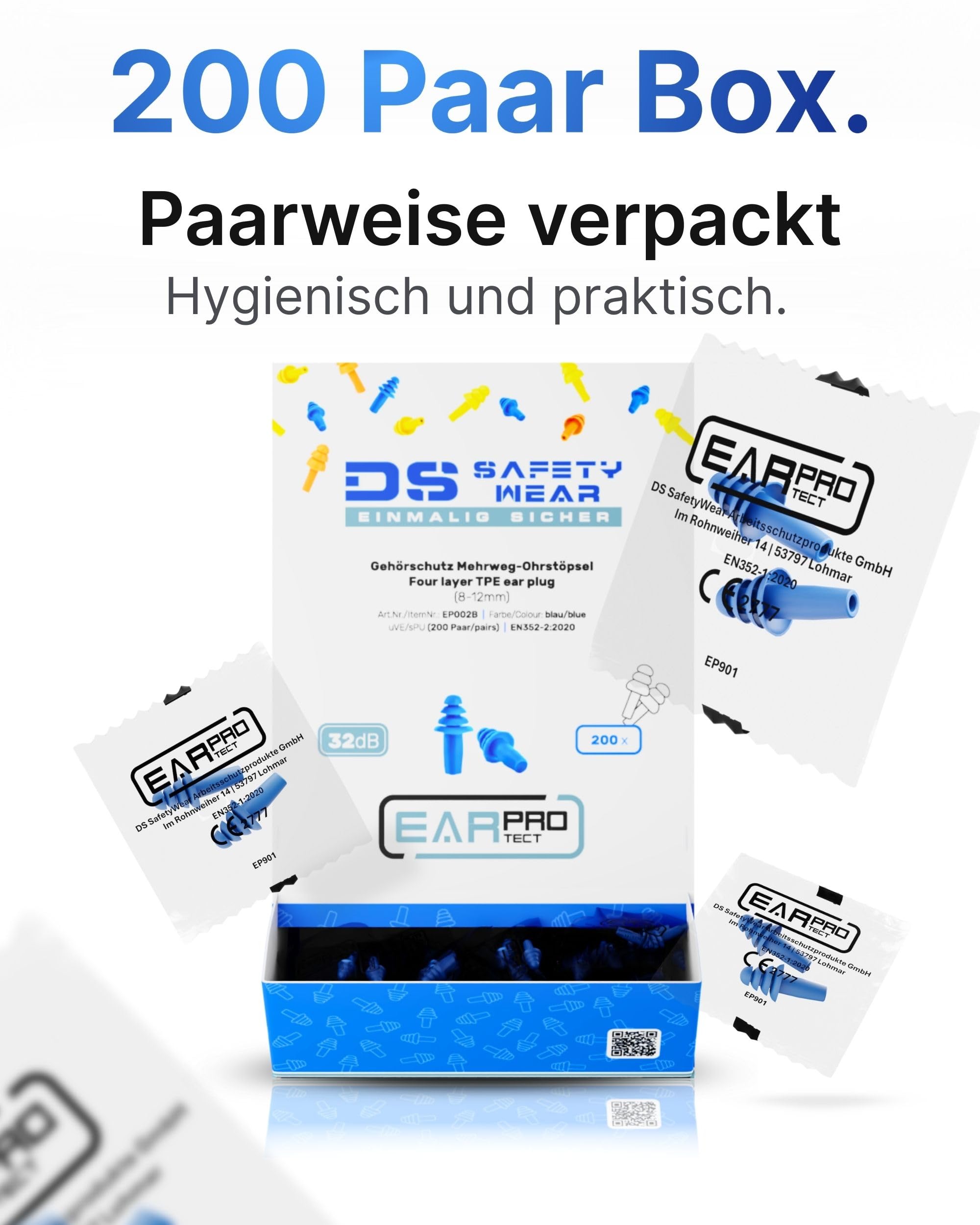 Paire de bouchons d'oreilles réutilisables et détectables bleus avec cordon en tissu SNR 32 dB – Métal détectable pour l'industrie alimentaire – Protection contre le bruit réutilisable – Protection