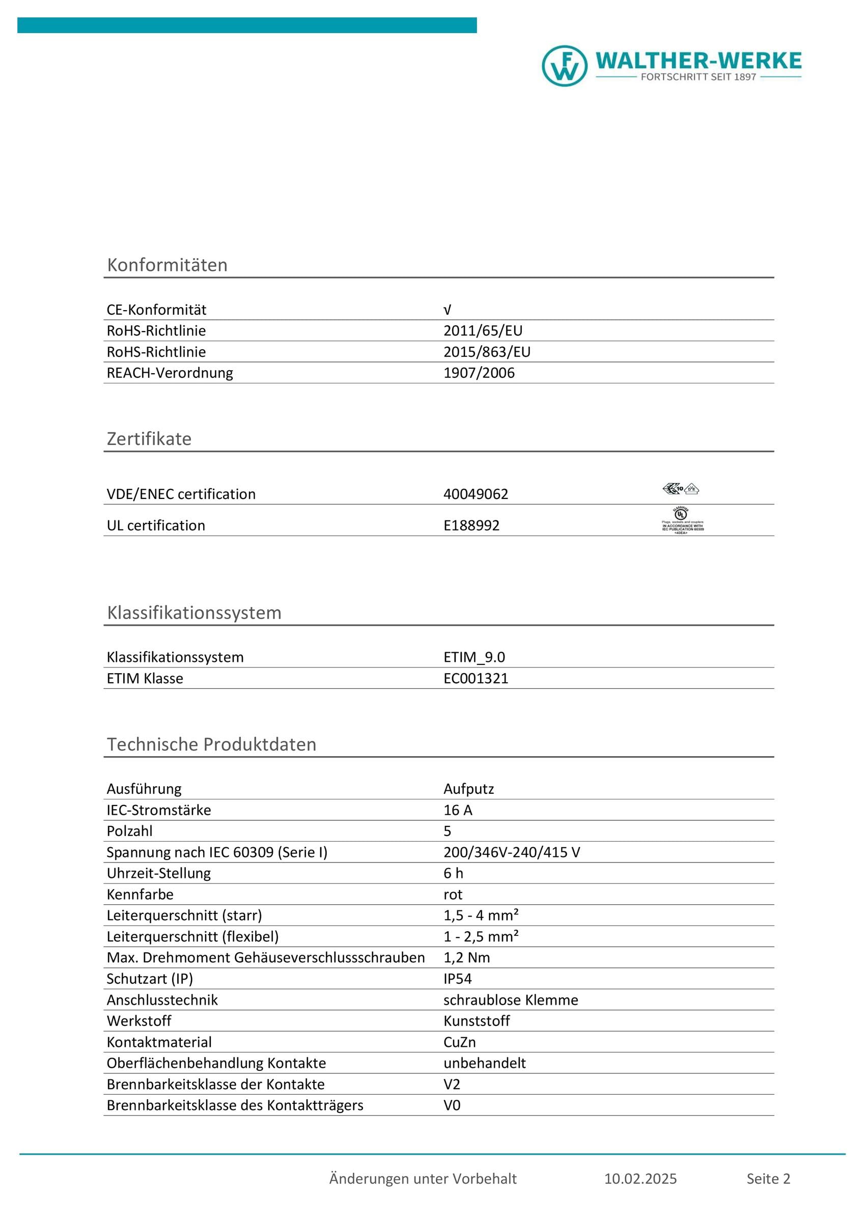 Walther Werke FW112506CC CEE Prise murale 16 A 5 broches 230 V, 400 V 1 pièce