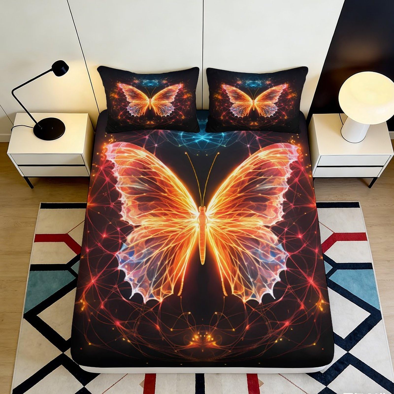 3D Printed Fiery Butterfly Fitted Sheet Microfiber Soft Breathable Glowing Wings Bed Cover for Bedroom Dormitory Guest Room Mattress Protection Decor 140x200x25cm
