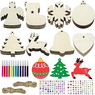 80 Pcs Wooden Christmas Ornaments for Crafts, 8 Styles Unfinished Wood Ornaments With Pens, Gem and Star Stickers, Blank Wood Christmas Tree Ornaments for Kids Adults DIY Craft Xmas Hanging Decoration