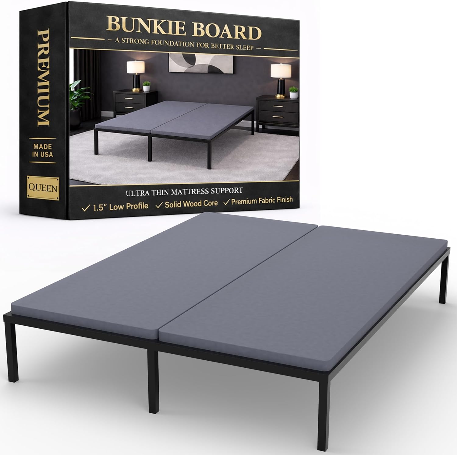 Zayton, Premium 38mm Solid Surface Wood Bunkie Board Queen Size Bed Frames - 2-Piece Under Mattress Support Board, Fully Assembled, Fabric Ventilation Cover - Replaces Wooden Slats or Box Spring