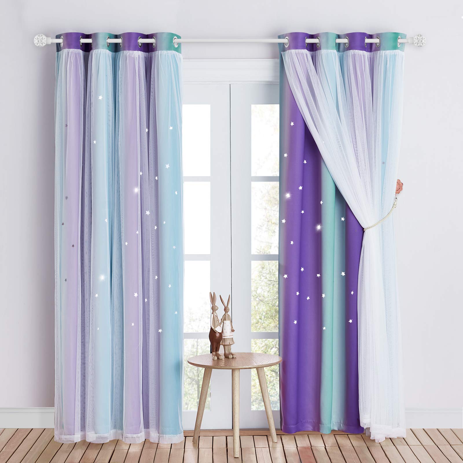 NICETOWN Star Blackout Curtains with Nets - Decorative Cut-Out Star Panels with Eyelets for Room Darkening, Nursery Window Panels, 2 Panels, W52 x L84 Inch (132x213 cm), Purple Blue