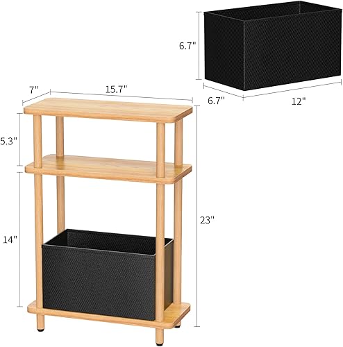 Miniatura 3 de Mesa auxiliar estrecha con cesta de tela, 7 pulgadas de ancho, mesa auxiliar delgada de 3 niveles con patas de madera, mesita de noche delgada para