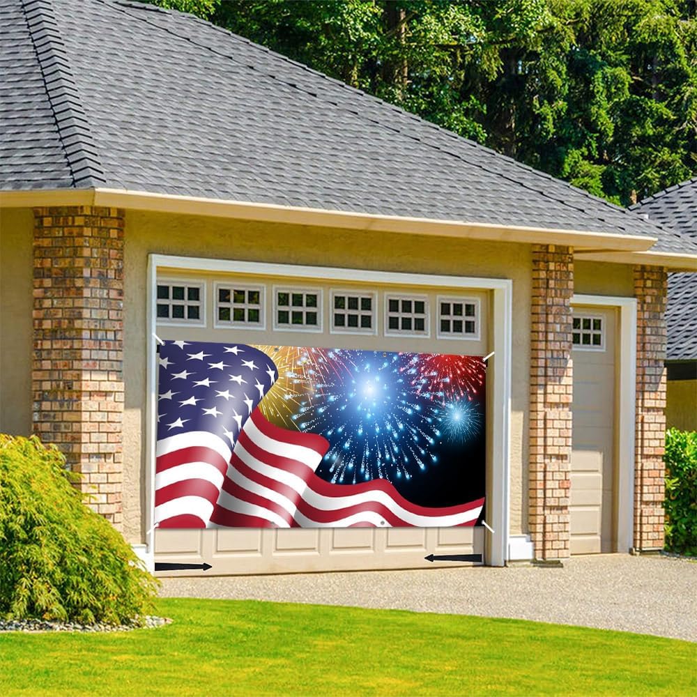 American Flag Garage Door Decorations Banner 7x16ft Large Hanging Patriotic 4th of July Garage Door Cover Independence Day Garage Door Banner for Memorial Veterans Day Party Decoration