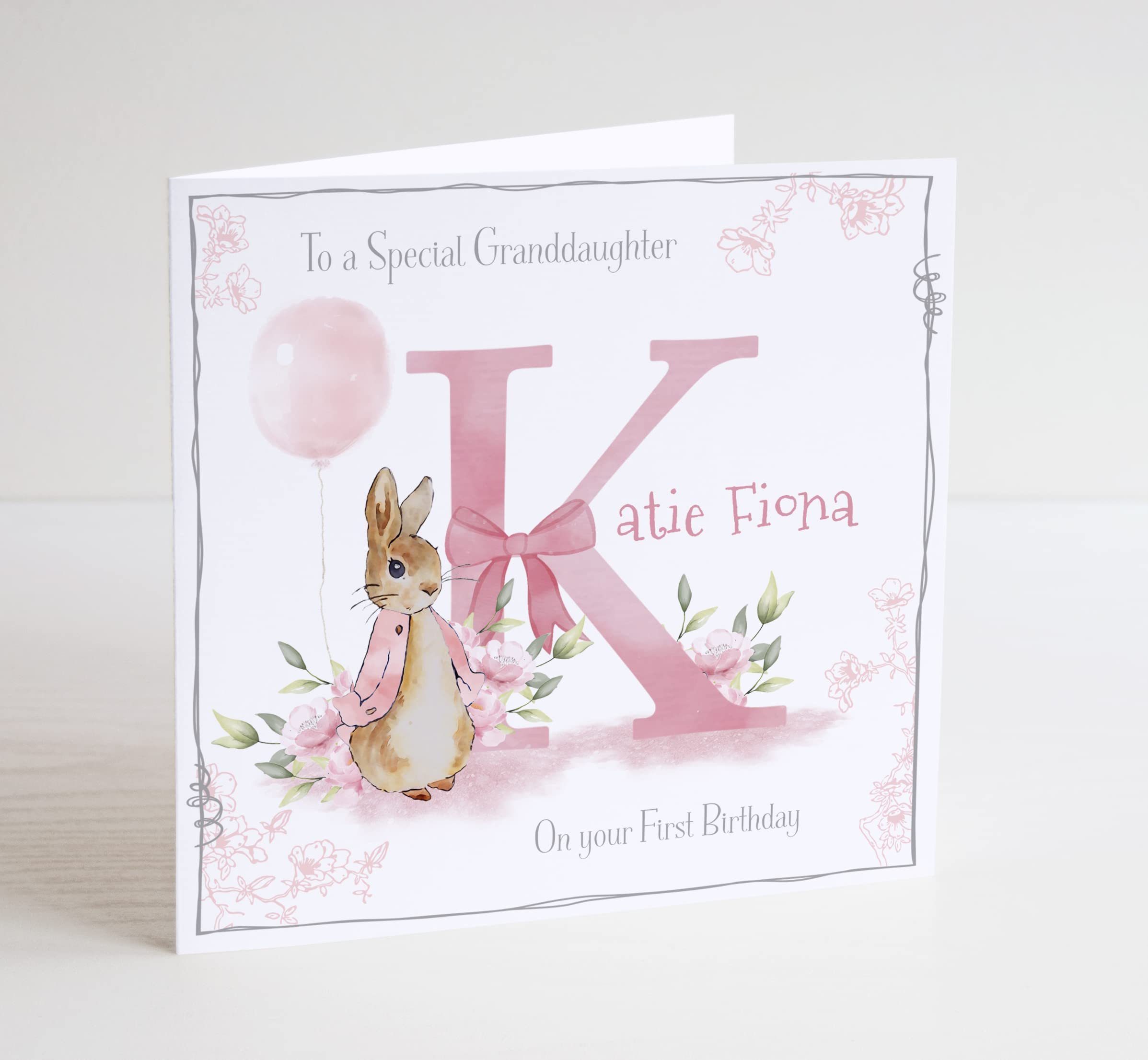 Vintage Rabbit Girls Initial Birthday Card - Classic Bunny, Initial Birthday Card, Birthday Gift.