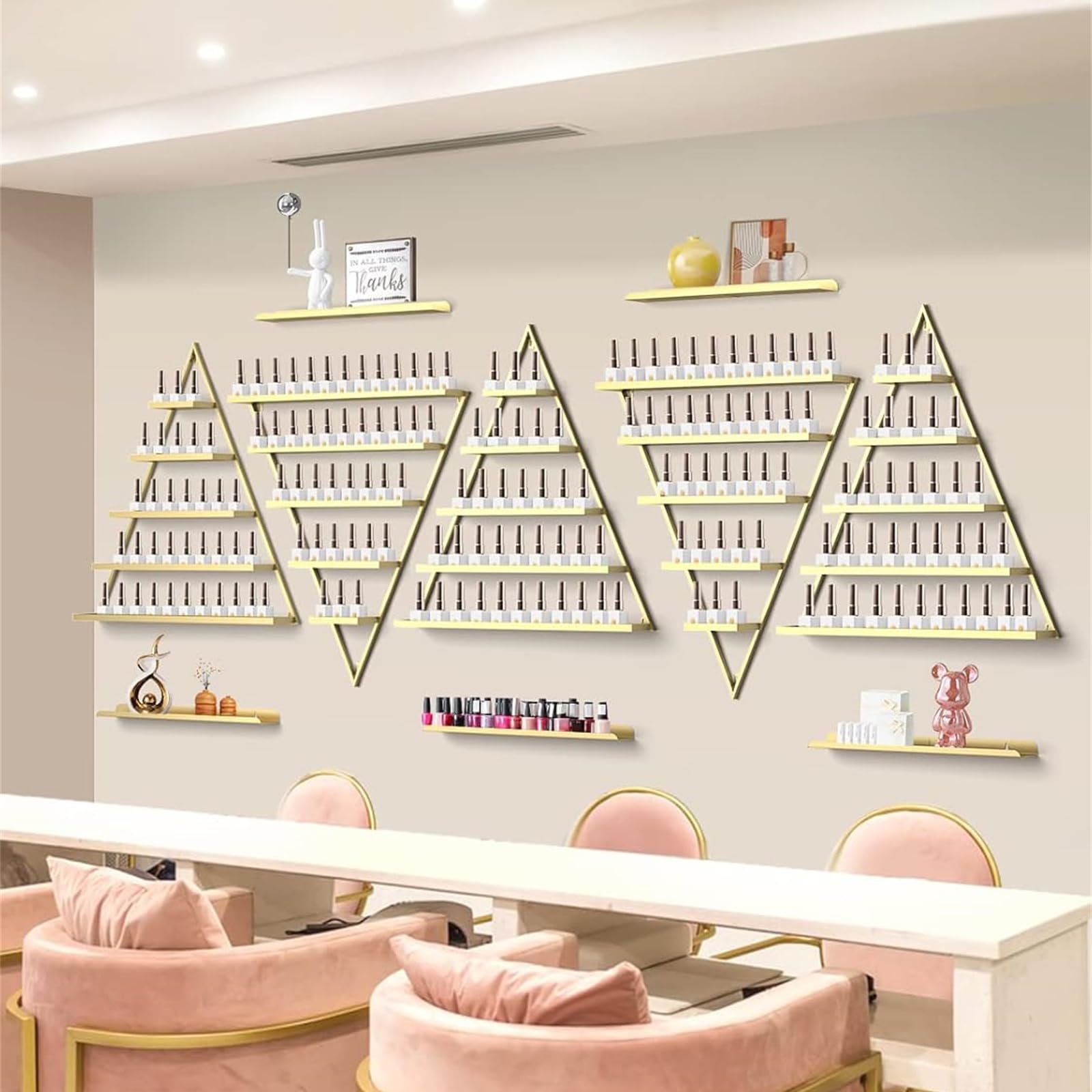 5 Set di 5 scaffali per smalto a triangoli in metallo, organizer da parete con 5 livelli, scaffale per smalto per unghie, profumo, rossetto, oli essenziali, oro