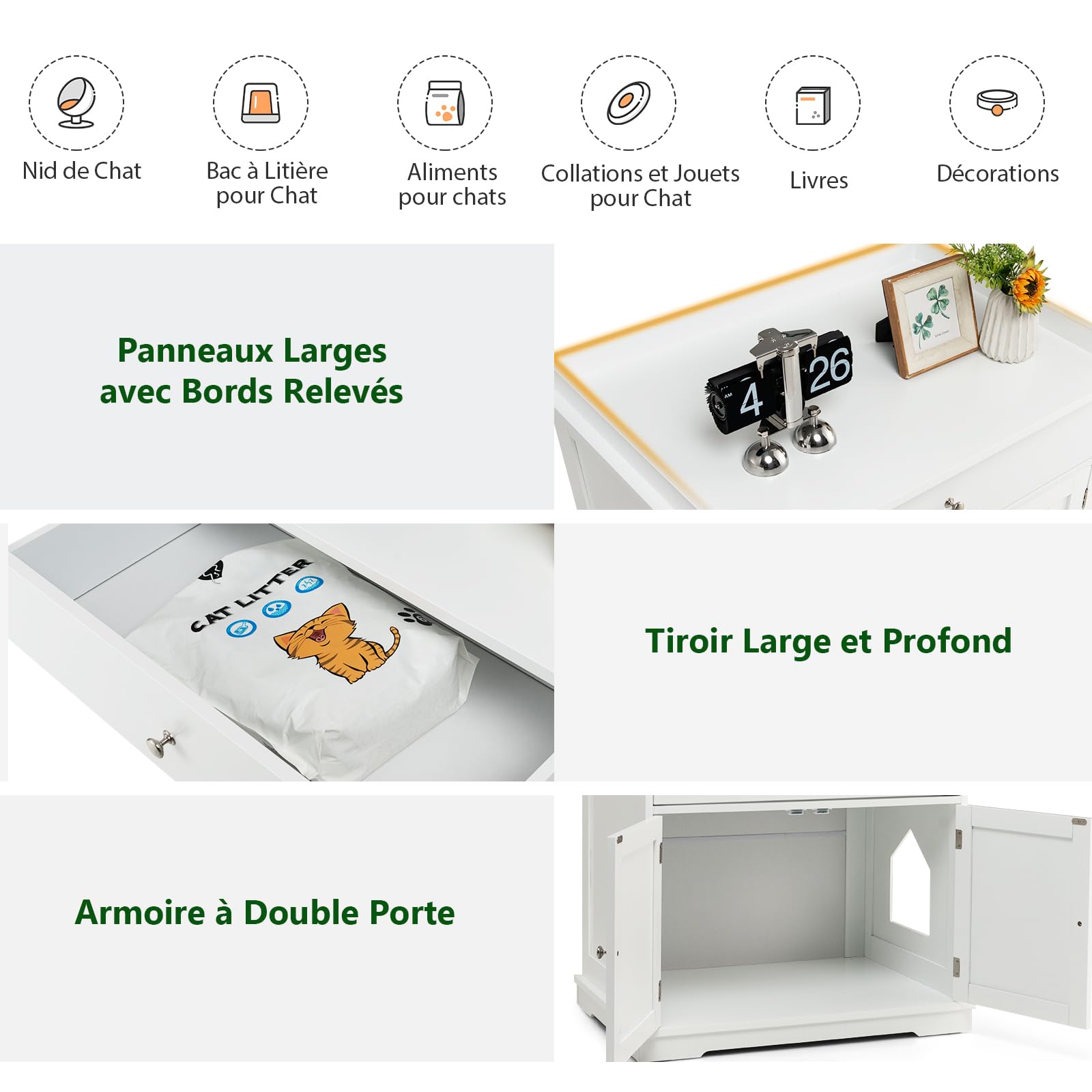 SOARS Mobile Lettiera per Gatti con 2 Ante e Cassetto, Armadio per Gatto in Legno con Ingresso Laterale, Grotta Rifugio Multiuso per Soggiorno, Camera da Letto e Ingresso, 76 x 53 x 74 cm (Bianco)
