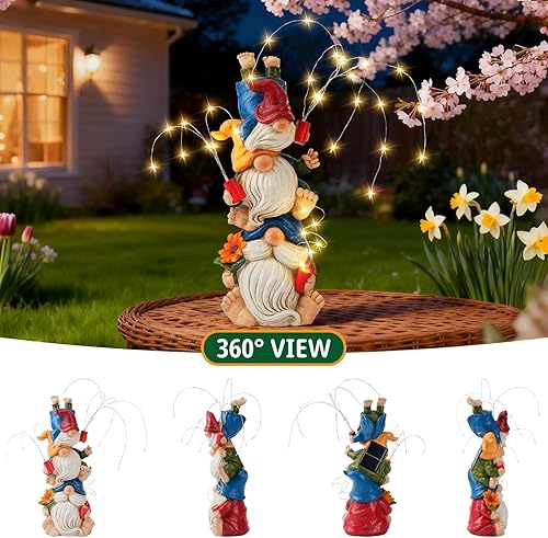 Miniatura 7 de Decoraciones de gnomos para patio, triple apilado con luces de fuegos artificiales, gnomo solar de jardín al aire libre, estatua de decoración para