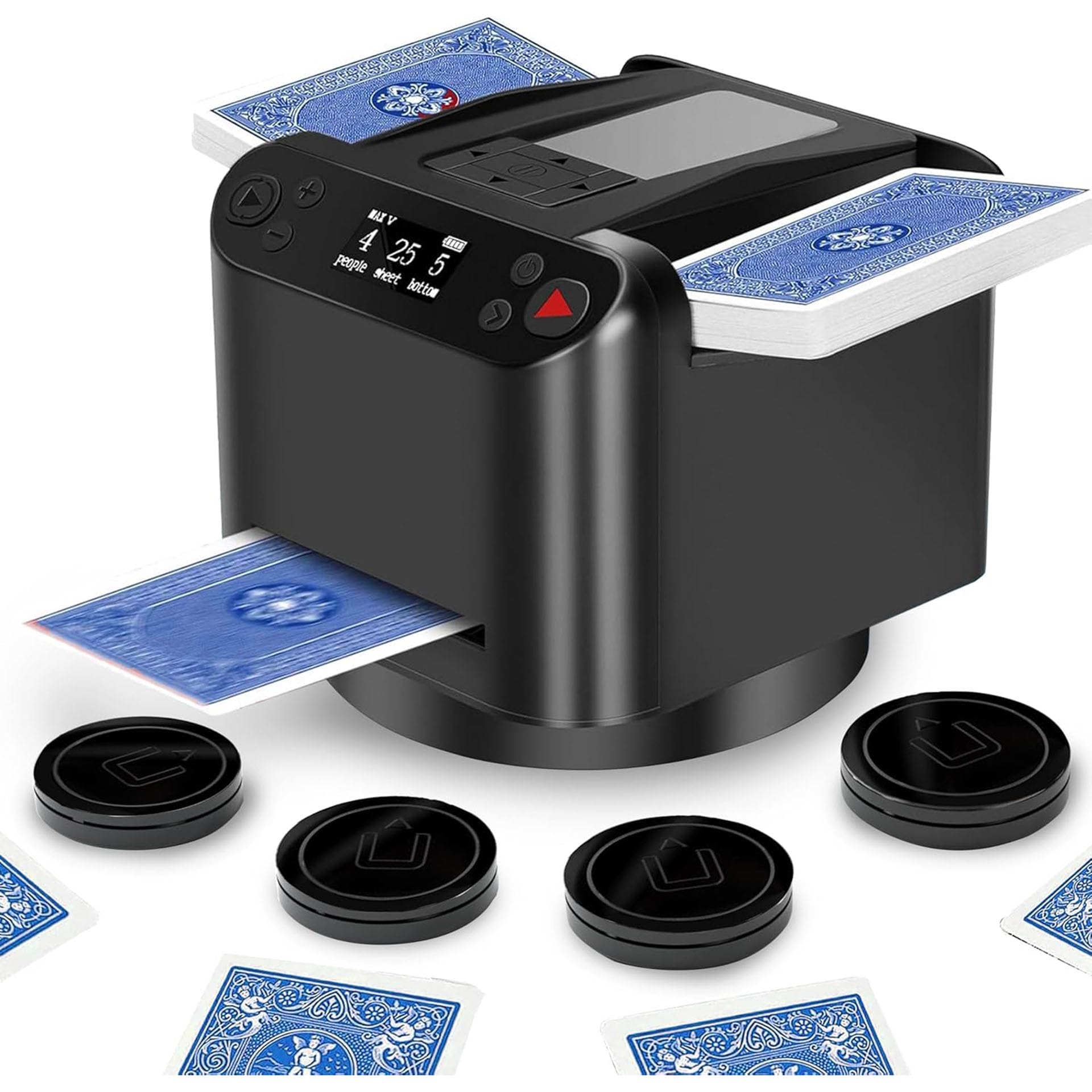 2 in 1 Mescolatore Automatico di Carte e Mazziere Rotante a 360°con 4 Pulsanti del Mazziere Senza Fili 2 Deck Auto Electric Playing Card Shuffle Lavoro con UNO Ramino Blackjack Ricaricabile(Black)