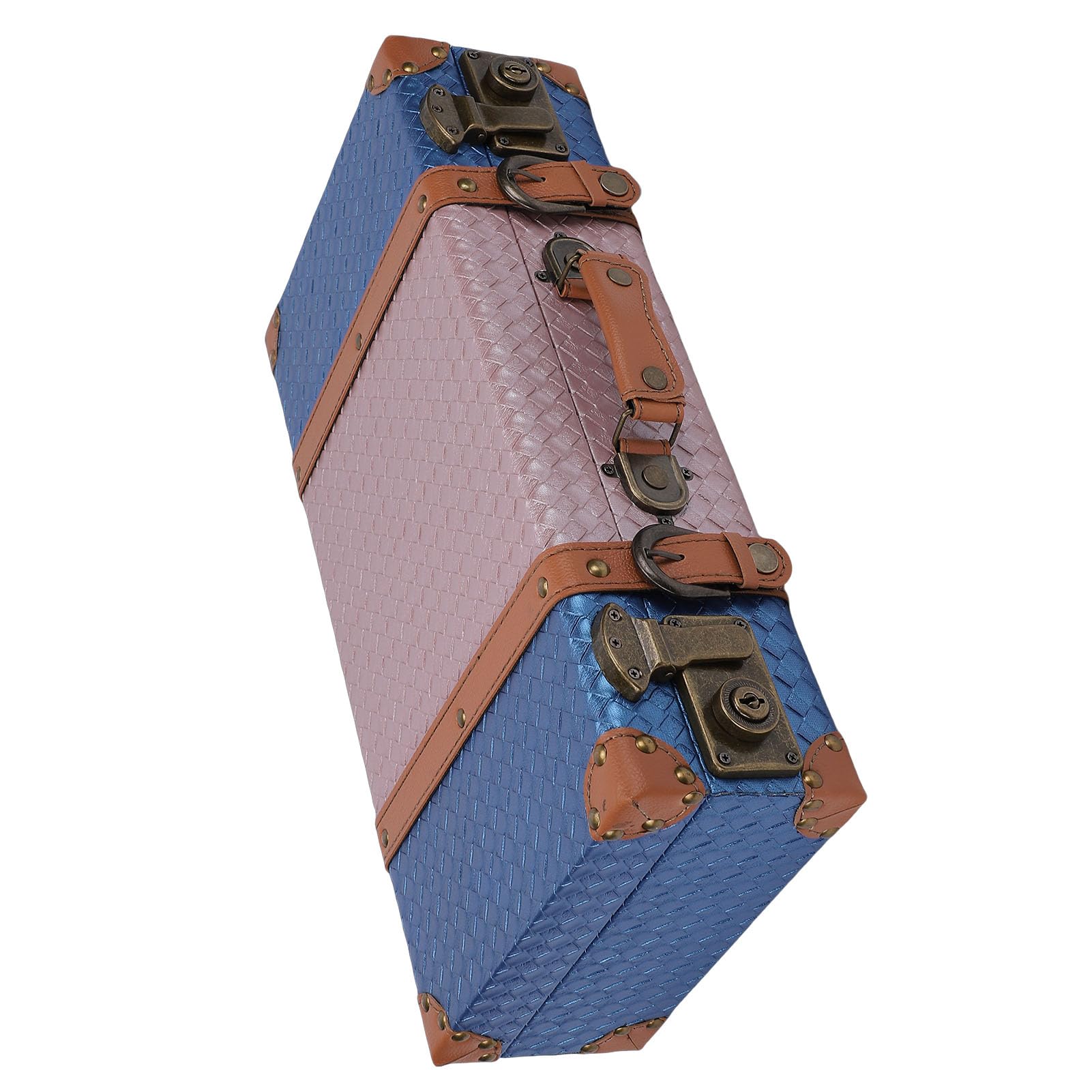Baúl Decorativo, Cofre De Maleta De Madera Compuesta De Cuero De PU con Patrón Tejido Rosado Azul, Accesorio De Fotografía De Exhibición para Almacenamiento En El Hogar, (S)