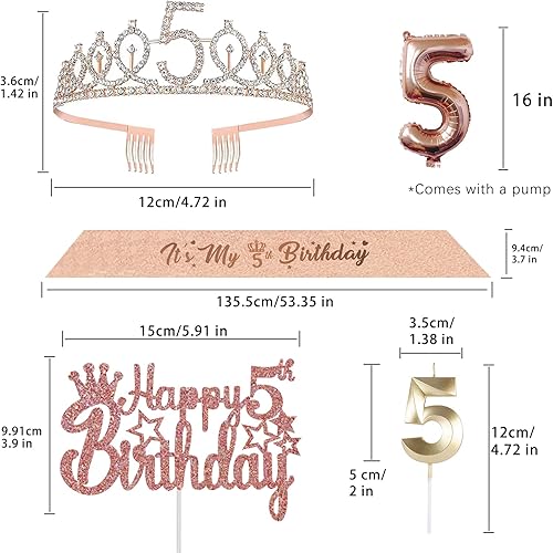 Miniatura 4 de Decoraciones de cumpleaños de 5 años para ella  5 piezas de regalos que incluyen corona de tiara, faja, adornos para pasteles, globos, velas de