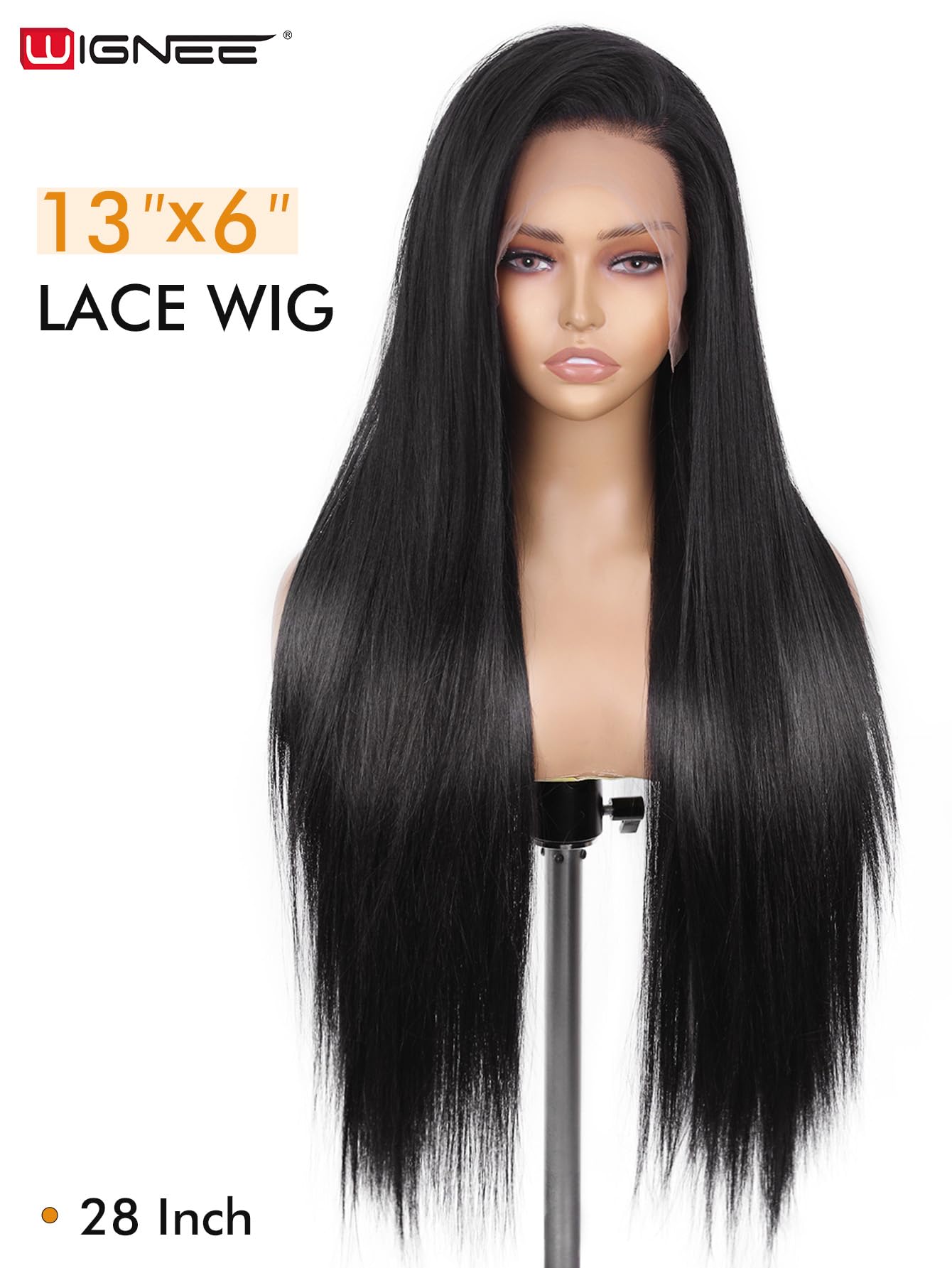 WIGNEE Lace Front Wig Recta Negro 13x6 Prepeluca Diario Y Fiesta